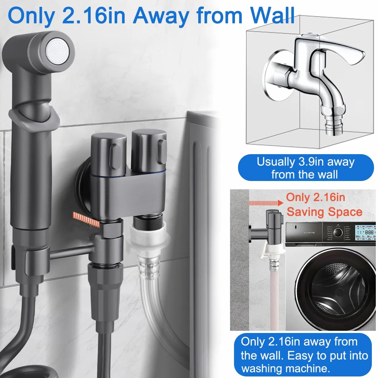 Podwójny zawór sterujący 1-w-2-out mini bateria toaletowa zestaw opryskiwacza podkładka doczołowa, wielofunkcyjny ręczny bidet spray do pieluch łazienkowych, natrysk, wąż i akcesoria (2 szt., szary)