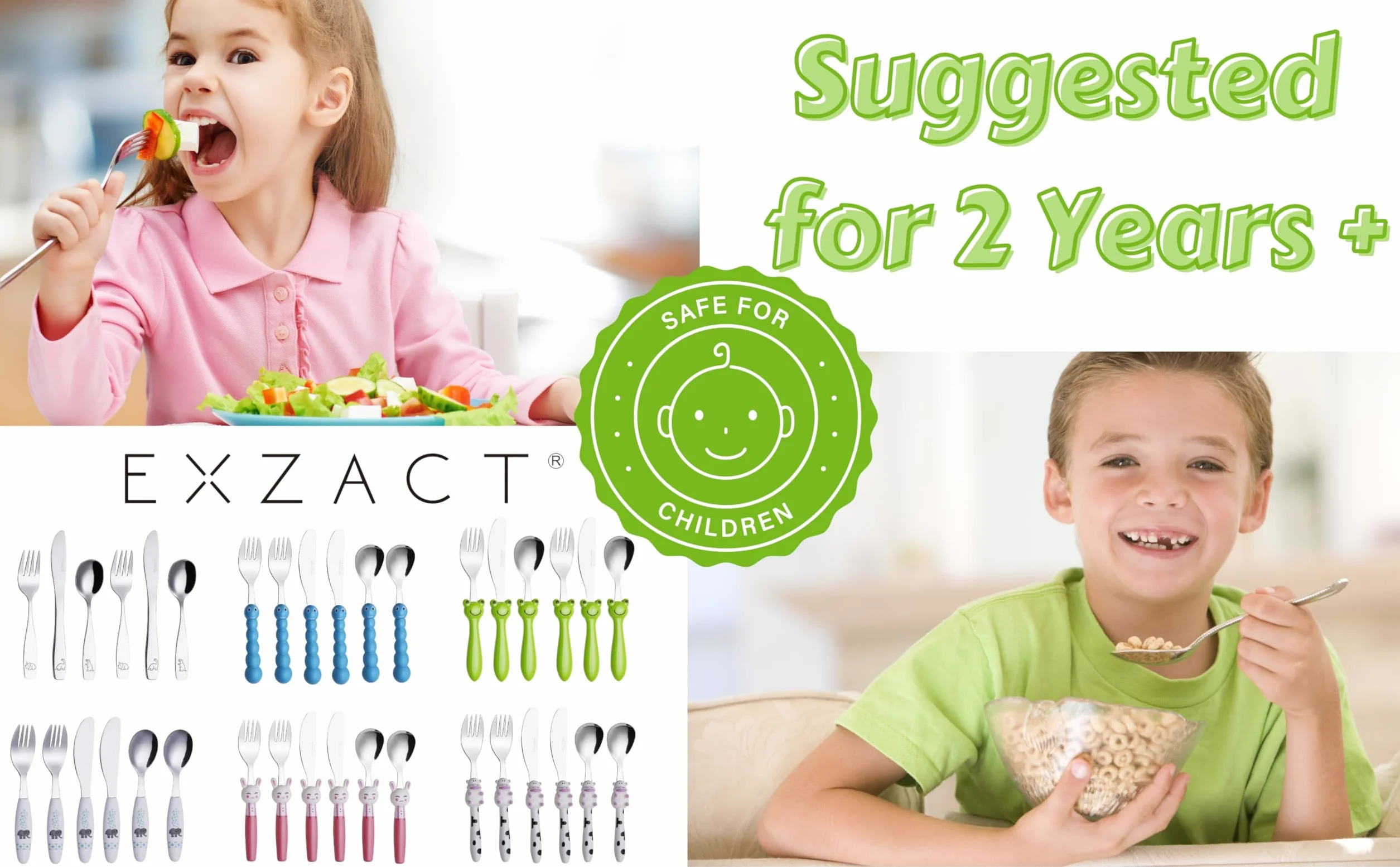 Exzact Zestaw 6 sztućców dla dzieci ze stali nierdzewnej/Sztućce dla dzieci/Naczynia dla małych dzieci/Sztućce - 2 x Widelce, 2 x Bezpieczne noże obiadowe, 2 x Łyżki obiadowe