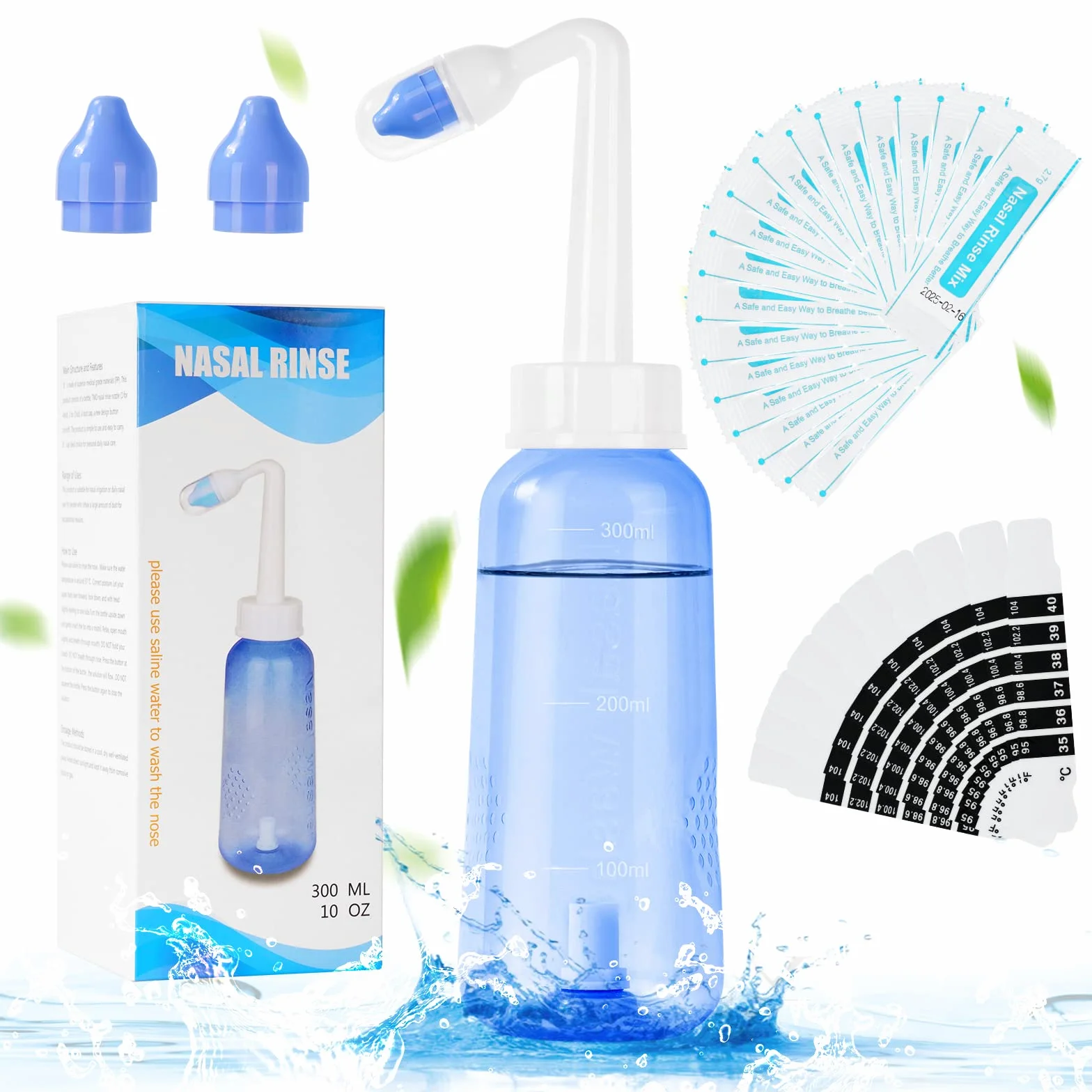 URAQT Neti Pot, zestaw do płukania nosa Płyn do płukania nosa, butelka do płukania zatok 300 ml z 20 saszetkami soli do płukania nosa i 10 naklejkami na termometrze, ciśnieniowa płukanka do płukania nosa dla niemowląt i dzieci Nie zawiera BPA