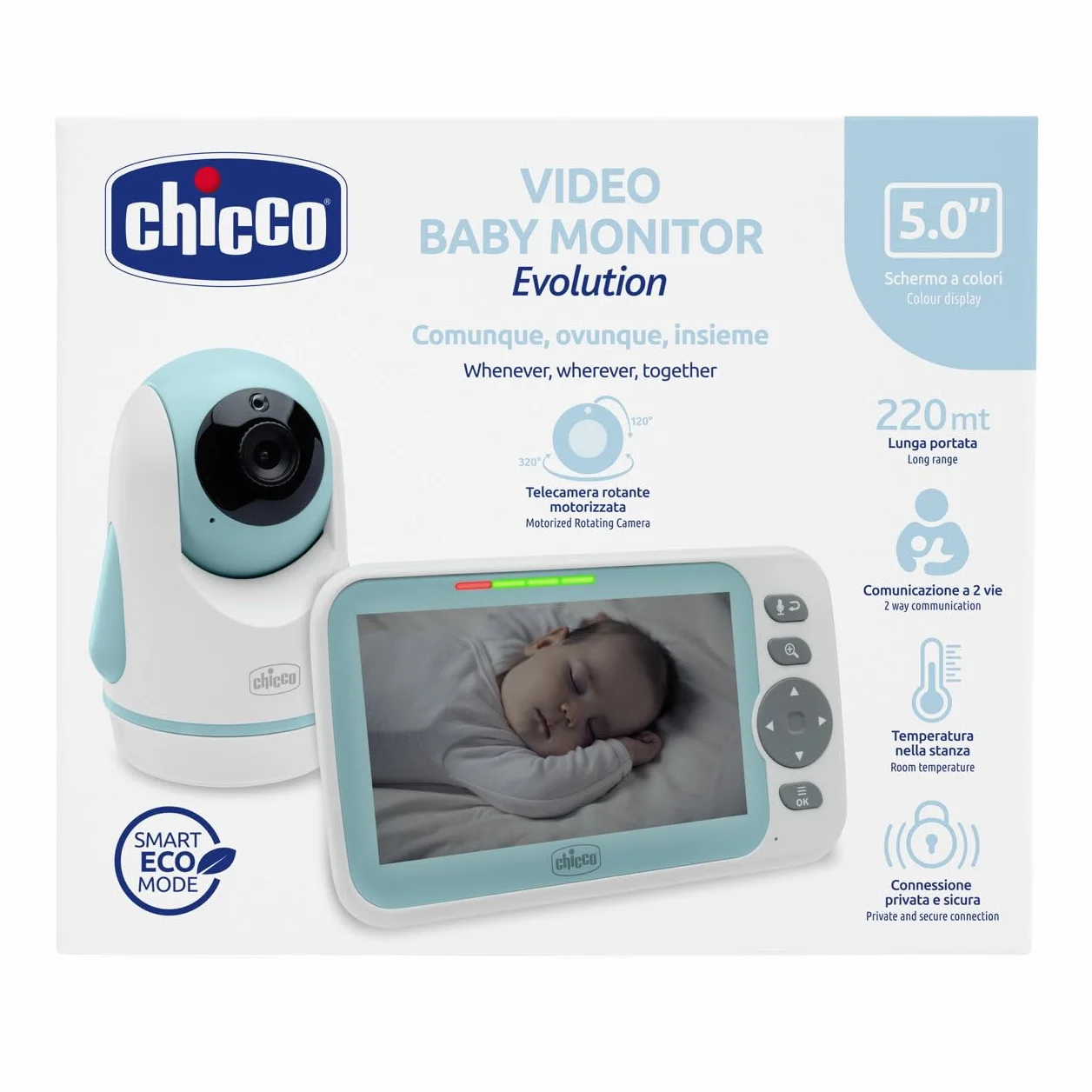 Wideo Babyphone Evolution, zmotoryzowana obrotowa kamera dla niemowląt i dzieci z kolorowym ekranem 5, zasięg 220 m, noktowizor, termometr, białe melodie dźwięku, mikrofon i głośnik
