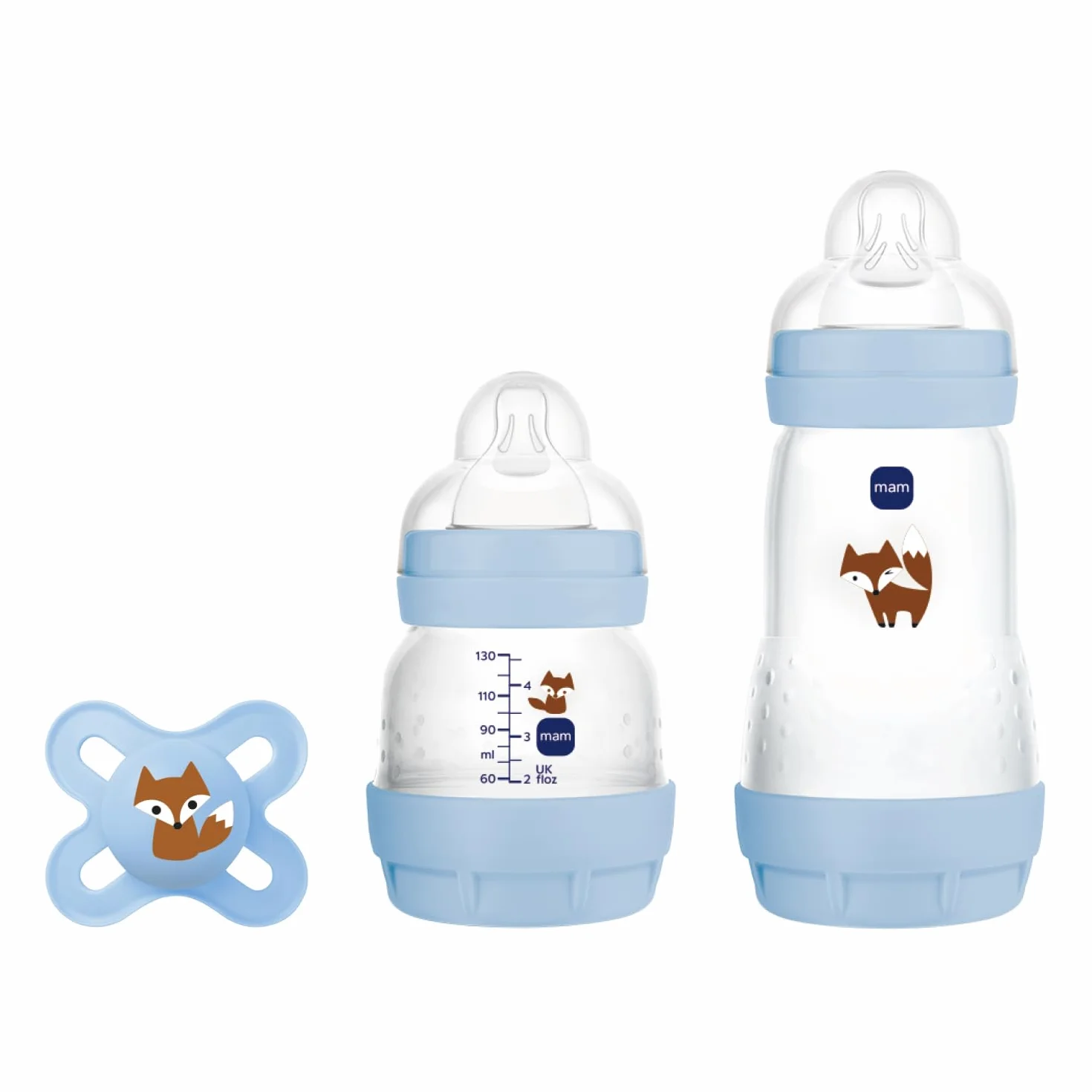 MAM, Zestaw dla noworodka, zestaw prezentowy zawiera: 1 butelkę antykolkową o pojemności 130 ml, 1 butelkę antykolkową o pojemności 260 ml, 1 oryginalny smoczek Start, od 0 miesięcy, niebieski