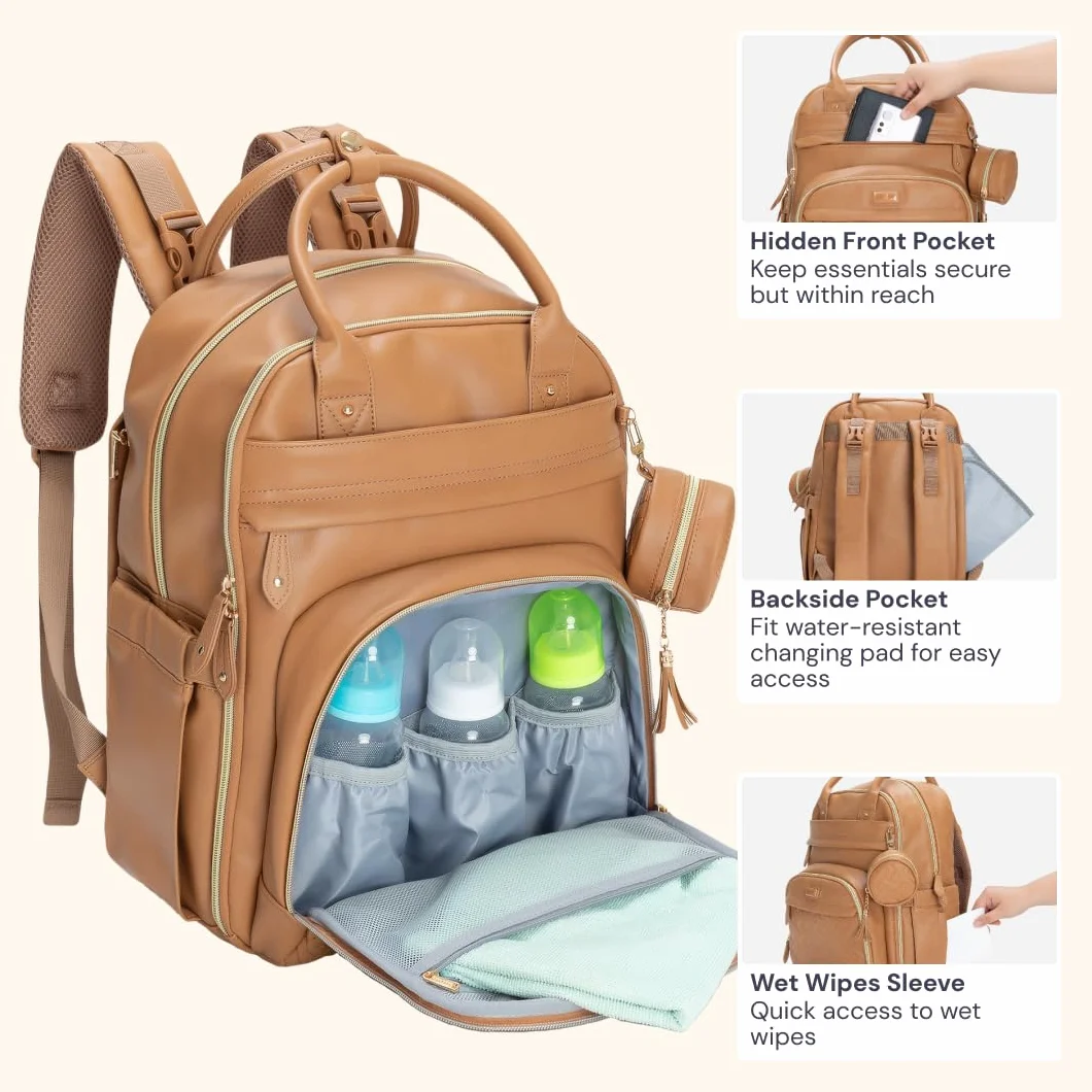 BabbleRoo Leather Diaper Bag Backpack - Baby Essentials Travel Baby Bag, Multi function, Waterproof, with Changing Pad, Stroller Straps & Pacifier Case – Unisex, Light Brown