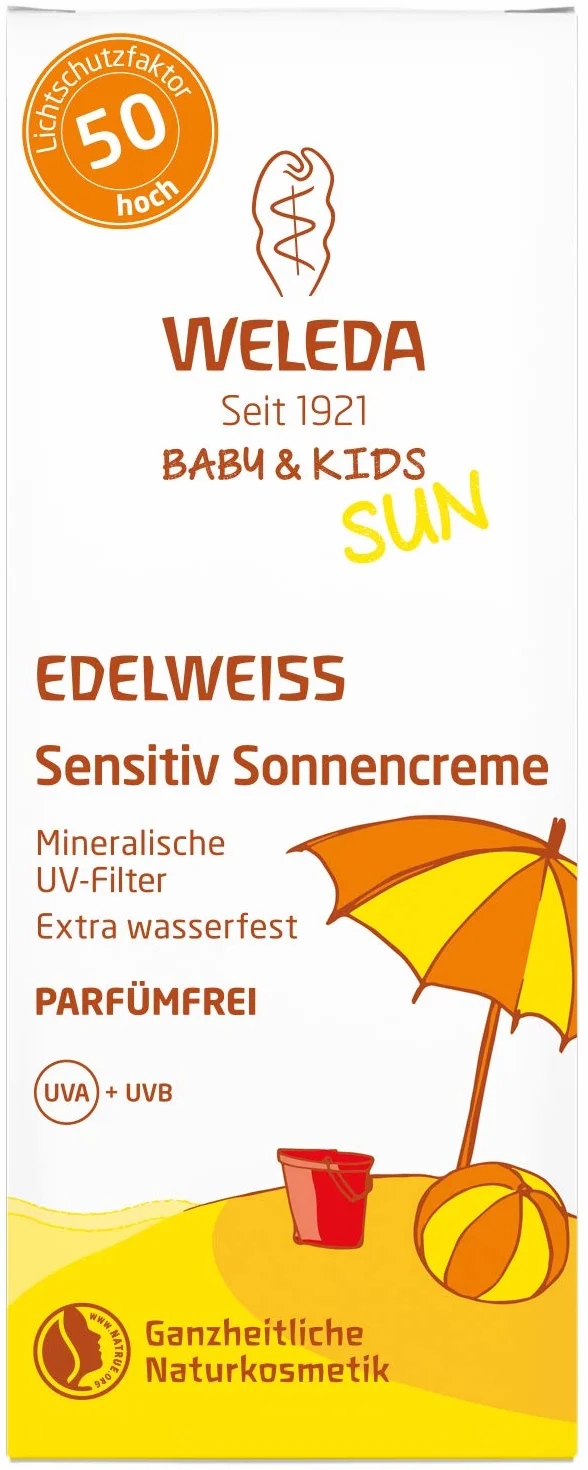 WELEDA Baby and Kids Edelweiss Sensitiv krem przeciwsłoneczny LSF 50, wodoodporny kosmetyk naturalny, ochrona przed słońcem do wrażliwej skóry dzieci i niemowląt, wysoki współczynnik ochrony