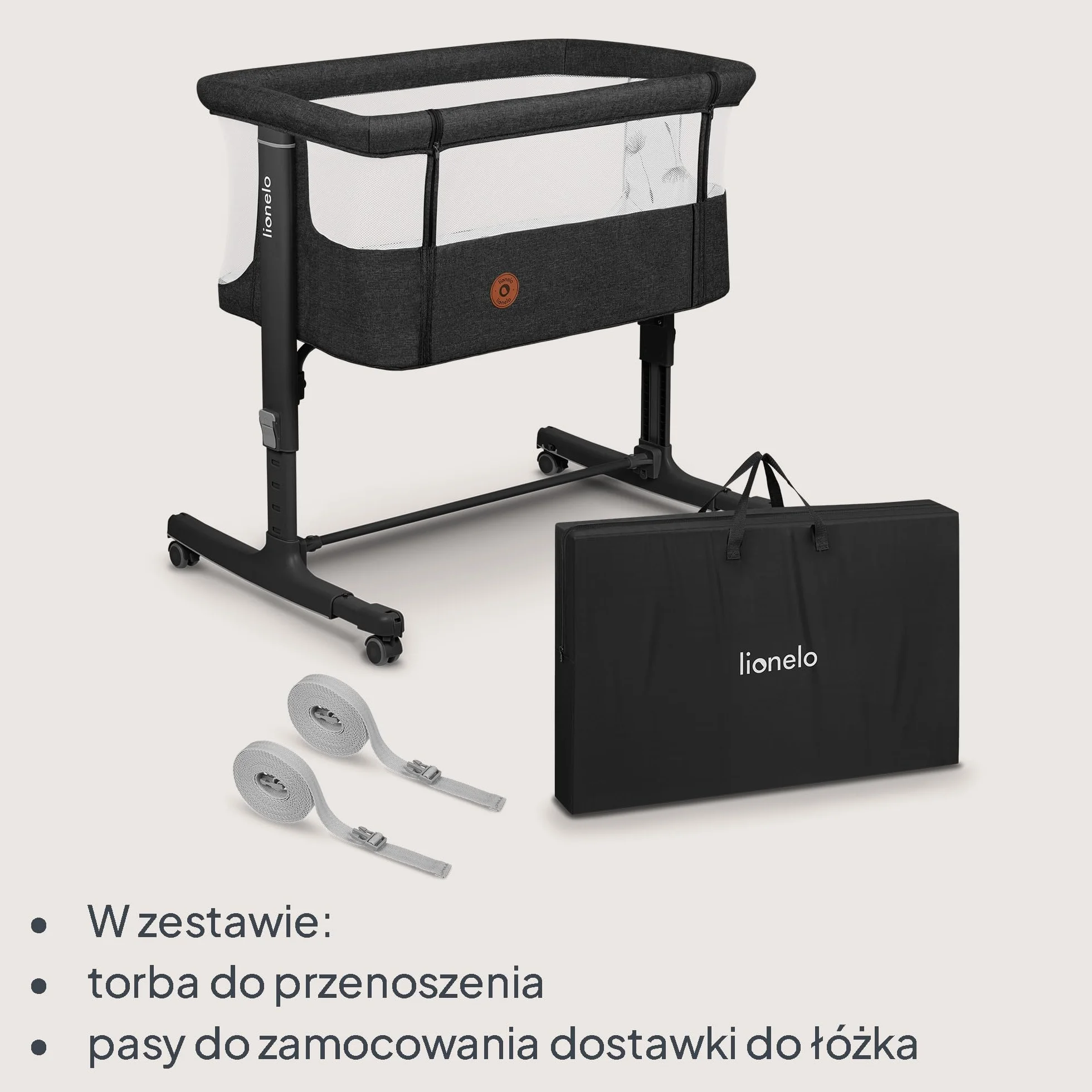 LIONELO Aurora 3 w 1 Łóżeczko Dziecięce do 9 kg, Łóżko Dostawne, Kołyska, Regulacja Wysokości oraz Kąta Nachylenia Materaca, 4 Kółka z Hamulcem Ergonomiczny Materac Torba (Grafitowy)