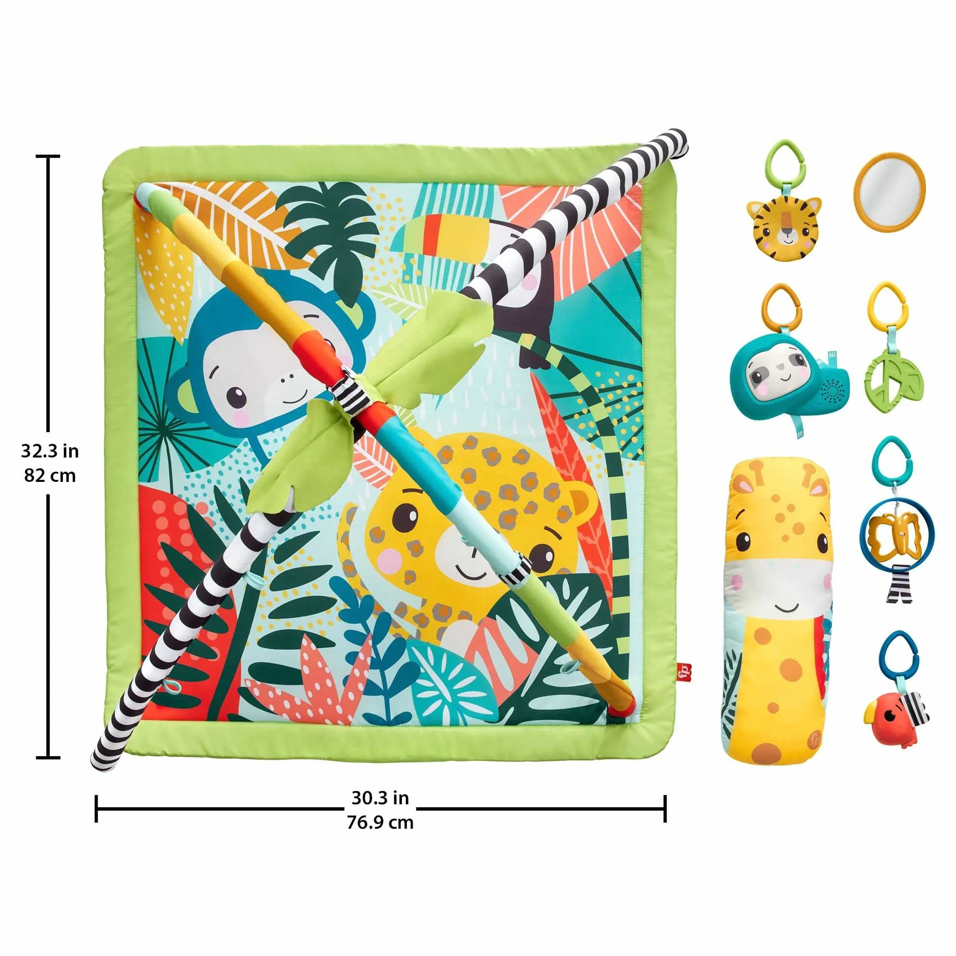 Fisher-Price Mata edukacyjna 3 w 1 Las tropikalny Mata do zabawy na brzuszku z 5 zabawkami sensorycznymi, światełkami, dźwiękami i łukiem do dostosowania, od noworodka po starsze dziecko, HJW08