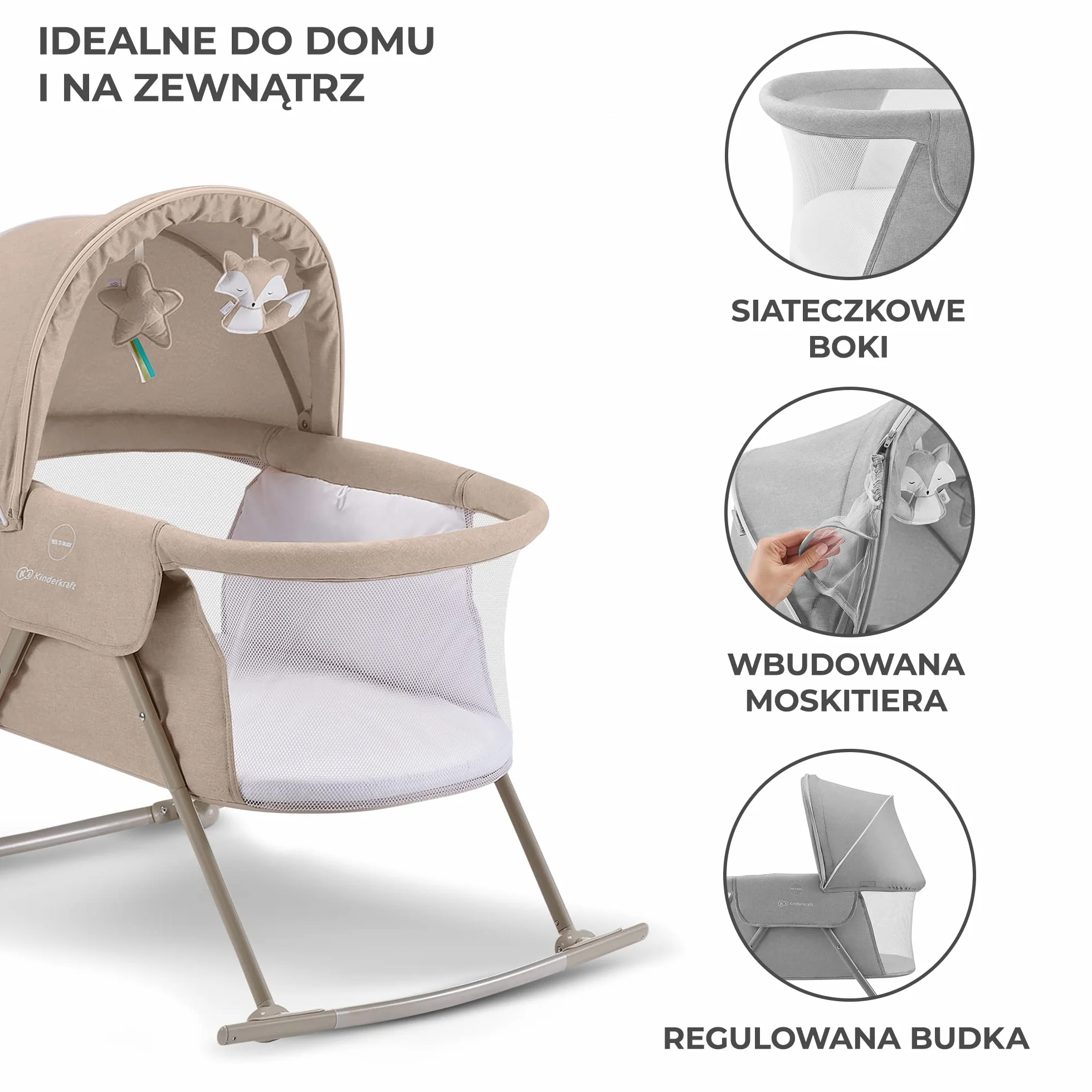 Kinderkraft Łóżeczko dziecięce 3w1 LOVI, Łóżko turystyczne, Kołyska, Proste składanie, Pałąc z zestawem zabawek i moskitera w zestawie, Regulowana budka, Torba ułatwiająca transport, do 9 kg, Szary