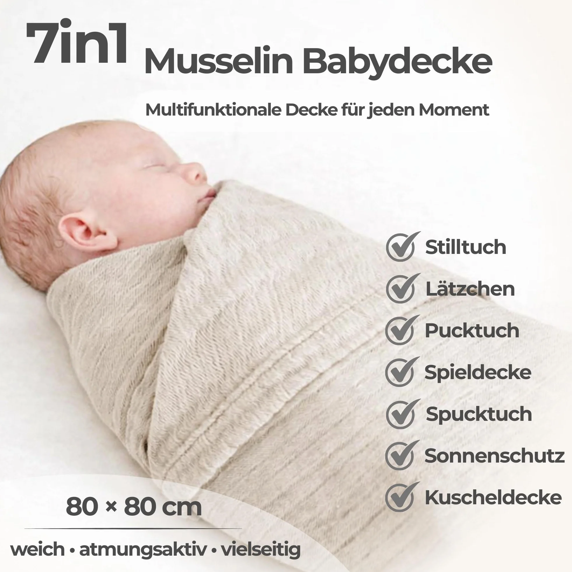 Nordic Coast® Musselin Decke Premium - 4 in 1 Baby Krabbeldecke in Natur Weiß - 100% Baumwolle - Mulltuch Babydecke Pucktuch Spucktuch - Hochwertige Qualität