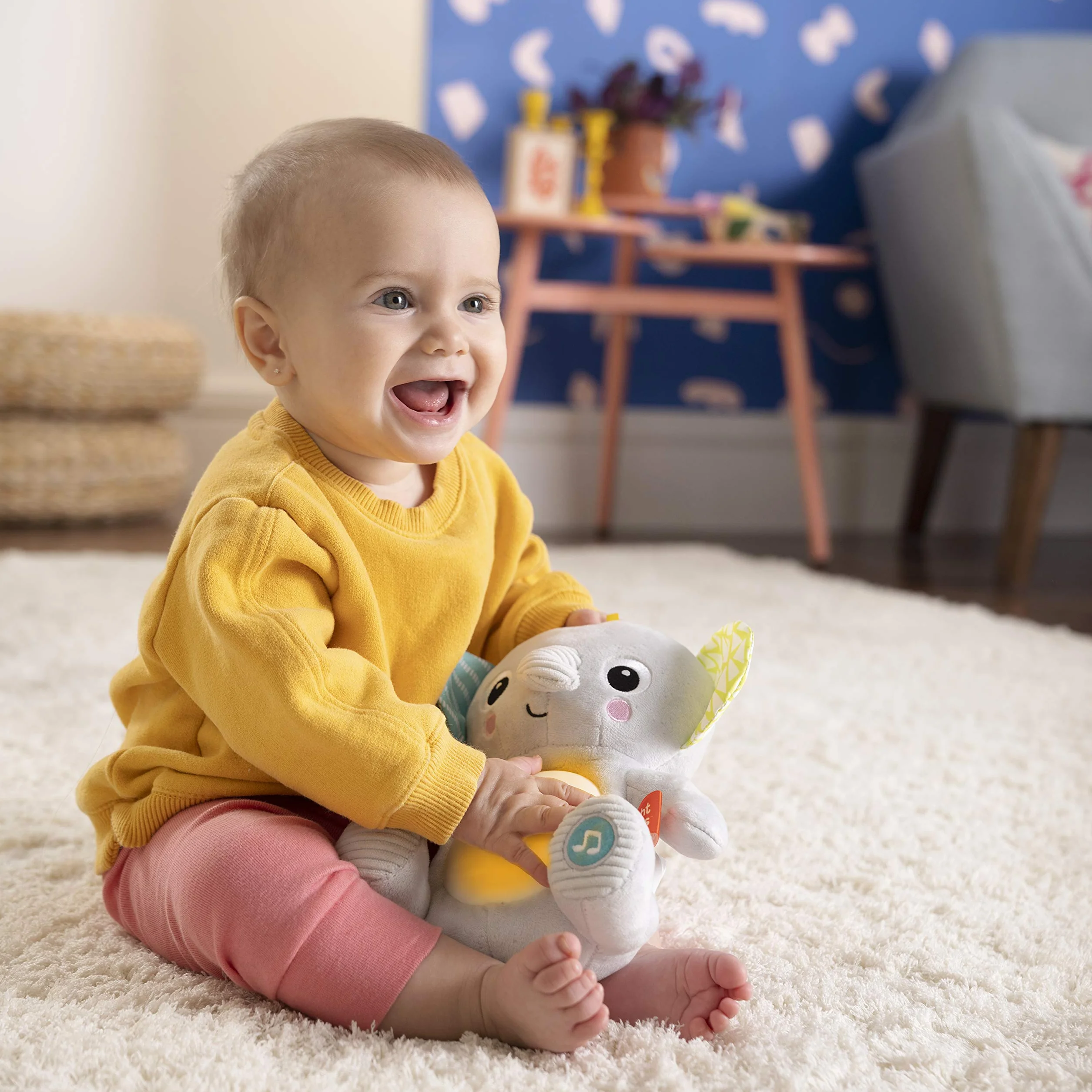 Bright Starts, Hug-a-bye przytulanka dla niemowląt, słoń z lampkami, melodiami, różnymi teksturami i wieloma innymi, wielokolorowe