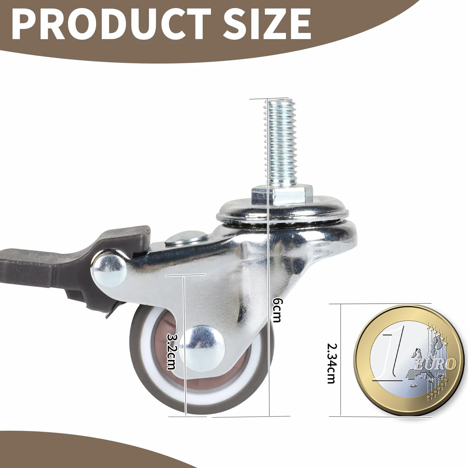 DBREAKS 4 szt. Transportowe kółka 32 mm, kółko obrotowe TPE z hamulem, gwintowane M6 x 15 mm, całkowita nośność 64 kg
