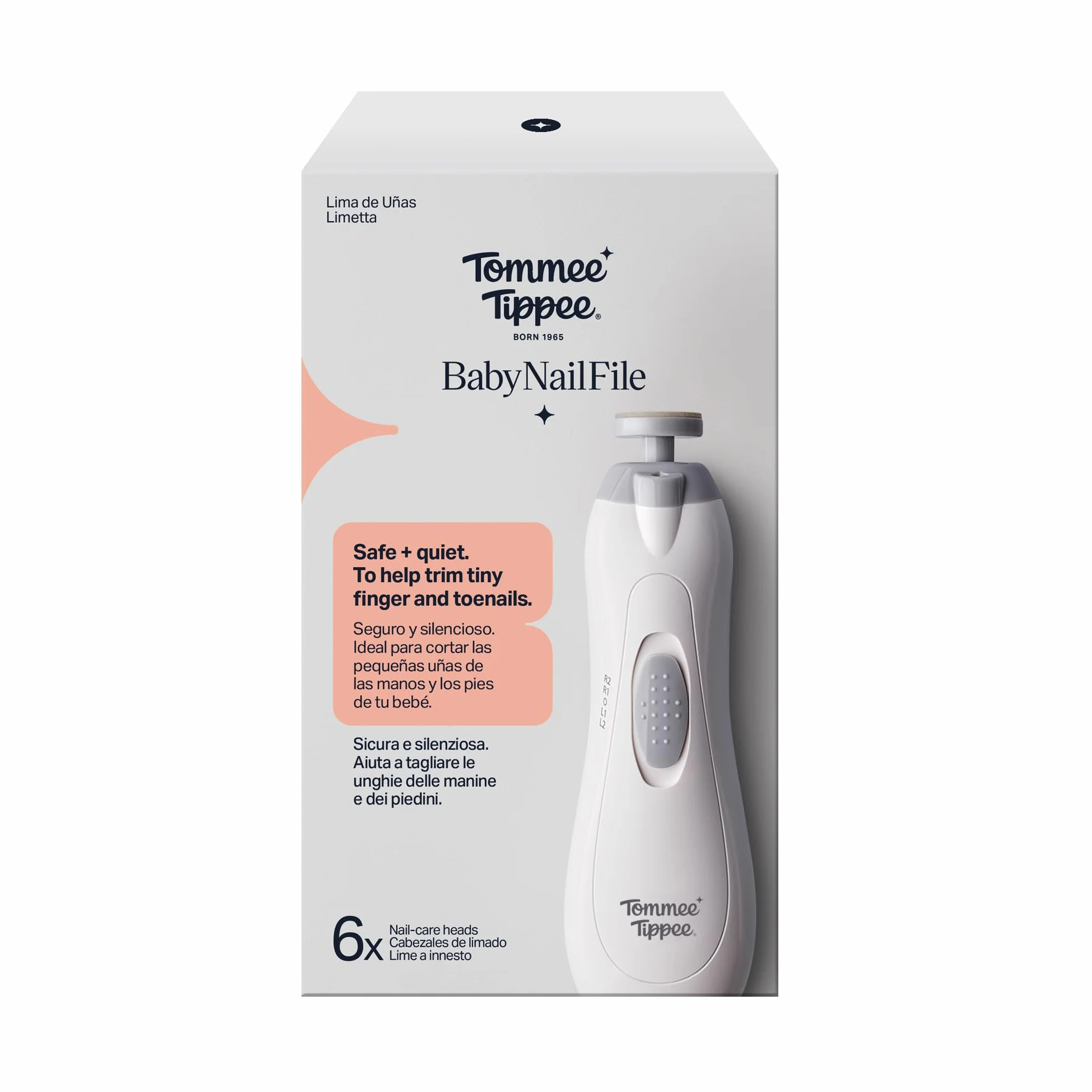 Tommee Tippee Elektryczny obcinacz do paznokci dla dzieci, akumulator, 6 w 1 ze światłem LED, bezpieczny i cichy silnik, zestaw manicure dla niemowląt i dorosłych, 0-12 miesięcy+