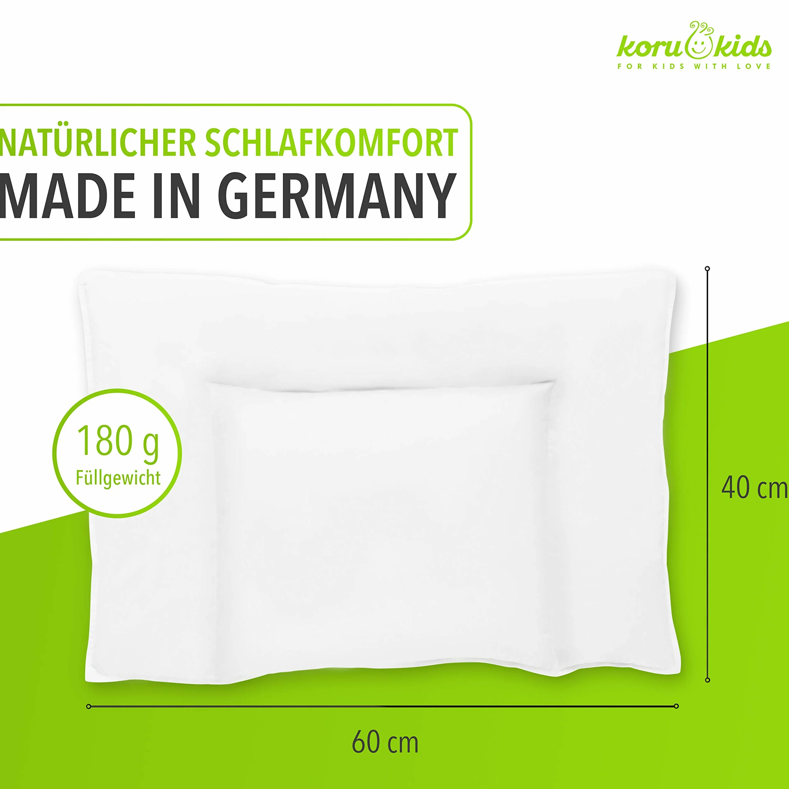 Koru Kids® Poduszka dziecięca 40 x 60 cm – 100% kanadyjski puch – poduszka dziecięca 40 x 60 – nadaje się do prania w 60 stopniach – Öko-Tex – poduszka dla dzieci – Made in Germany – wypełnienie 180 g