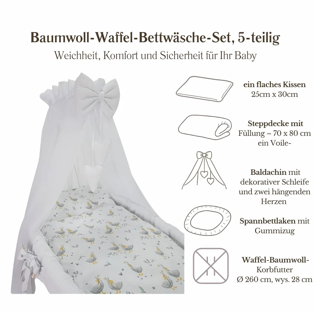 Kosz Mojżesza biały ze stelażem, materacem, baldachimem i pościelą z tkaniny waflowej, ciche kółka (białe - zielone liście)
