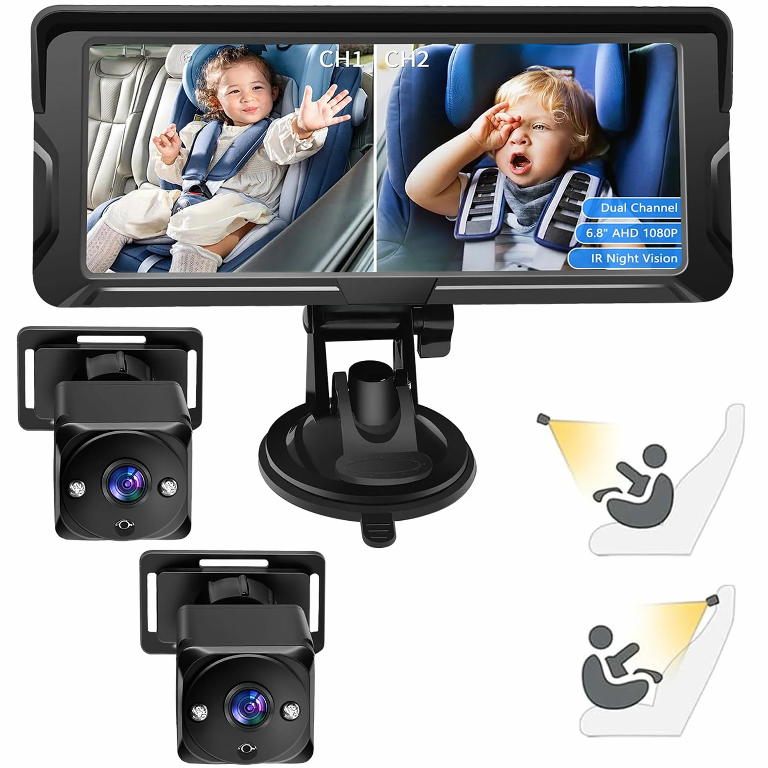Shkalacar Kamera do fotelika dziecięcego 2-Kids 6,8 cala 1080P z ekranem kamery samochodowej dla niemowląt z 2 kamerami IR Night Vision i szerokim kątem widzenia 150°, łatwa obsługa