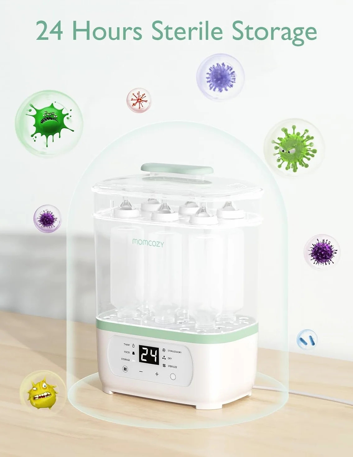Momcozy Elektryczny sterylizator parowy 3-w-1 dla butelek dla niemowląt – sterylizuje, suszy i podgrzewa z 99,9% bakteriobójczymi właściwościami, pojemność na 8 butelek, 24-godzinny schutz przed