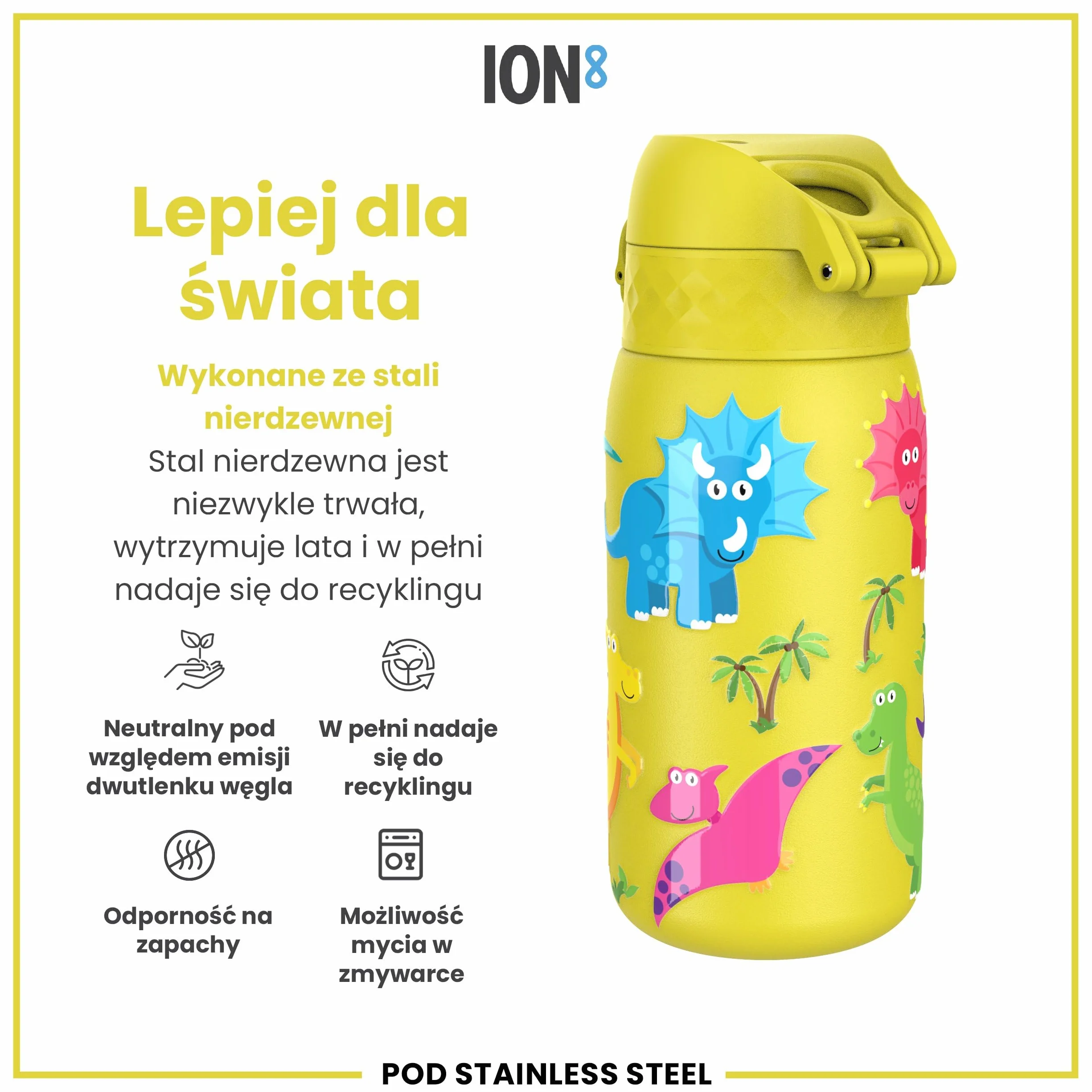 ION8 Butelka na Wodę dla Dzieci ze Lekki Stali, 400 ml/13 oz, Nieocieplany, Szczelna, Łatwa do Otwarcia, Bezpieczny Zamek, Można Myć w Zmywarce, Składany Uchwyt, Łatwa w Czyszczeniu, Dinozaury