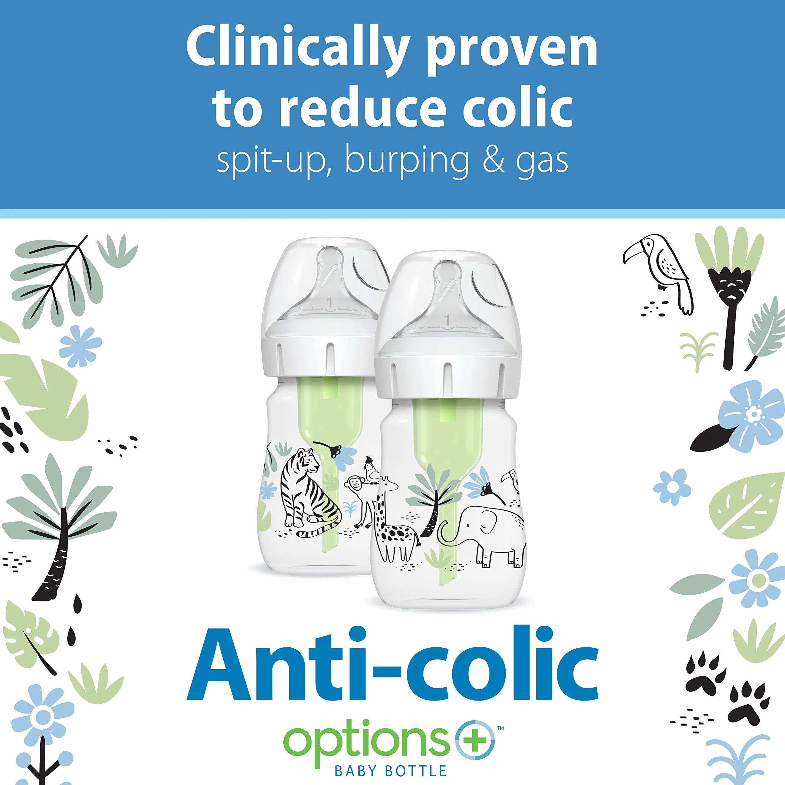 Dr. Brown's Natural Flow® Anti-Colic Options+™ butelka dla niemowląt, edycja designerska, dekoracja z dżungli, 150 ml, poziom 1 smoczek, 2 sztuki, 0 m +