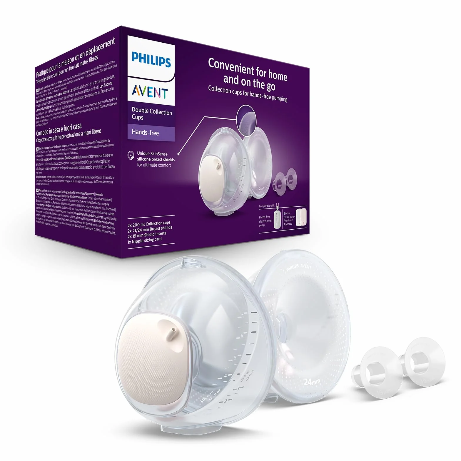 Philips Avent Dwa bezdotykowe pojemniki na pokarm, ultralekkie i przezroczyste pojemniki na pokarm do elektrycznego laktatora, 4 osłonki piersi(2× 21mm, 2× 24mm), 2 wkładki laktacyjne 19mm, SCF439/01