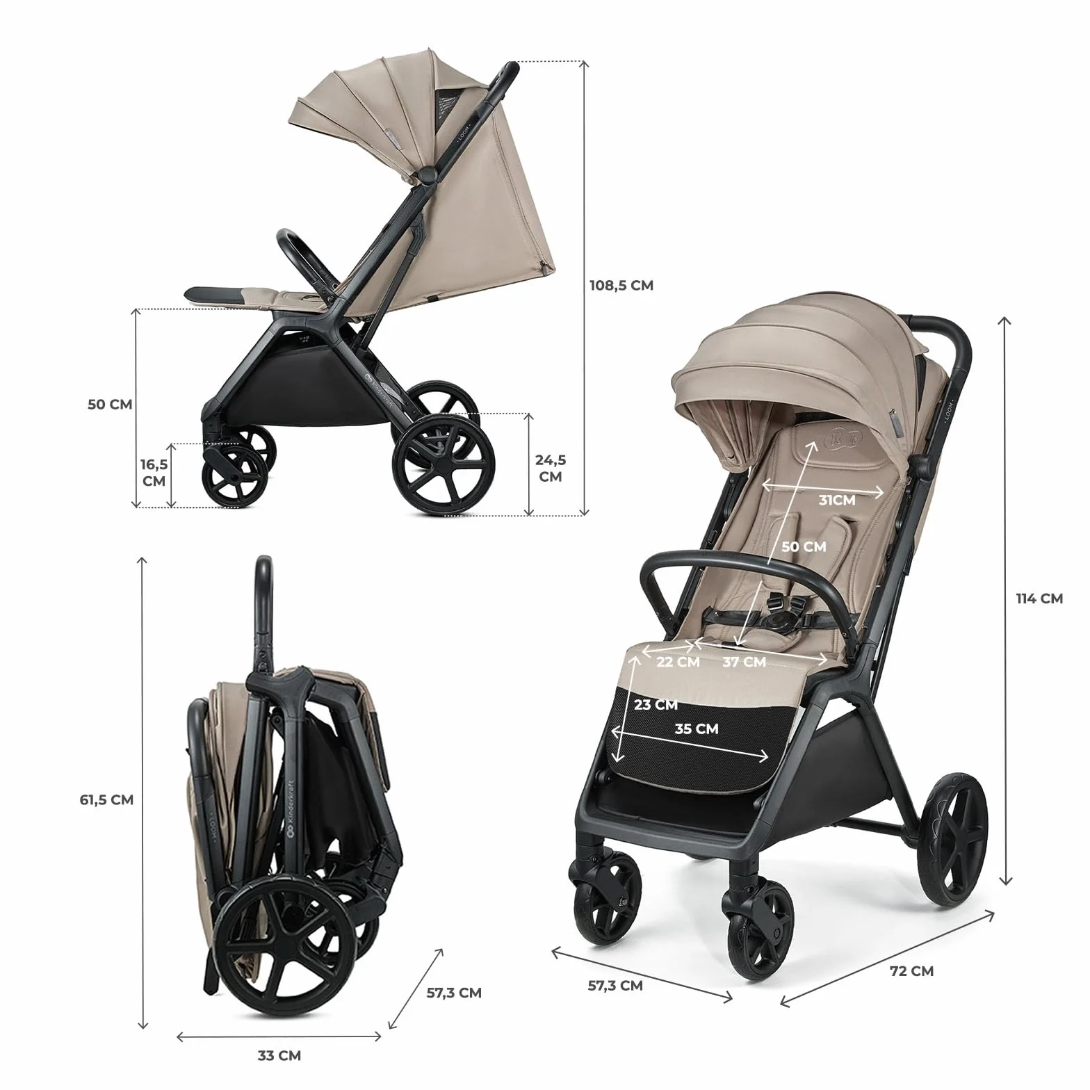Kinderkraft LOOM lekki wózek dziecięcy o wadze do 27 kg, zamykany jedną ręką, kosz pod spodem, wysuwany daszek z dachem, drążkiem bezpieczeństwa, do 4 lat lub około 22 kg, beżowy