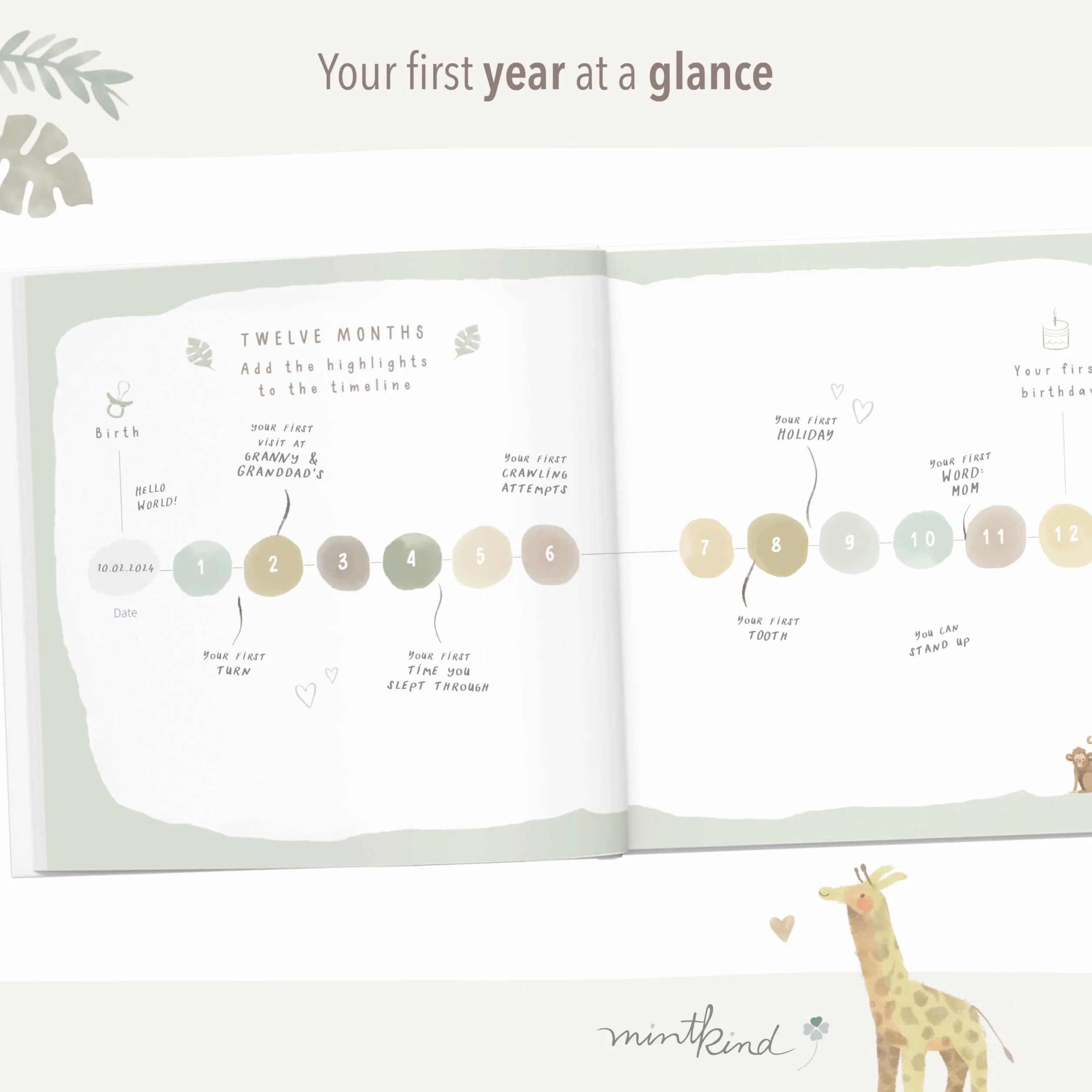 mintkind First Year Baby Journal – 176 Page Memory Book to Document Baby Milestones – Sage Green Hardcover – neutralny album fotograficzny dla płci – mocny prezent dla urodzin lub baby shower