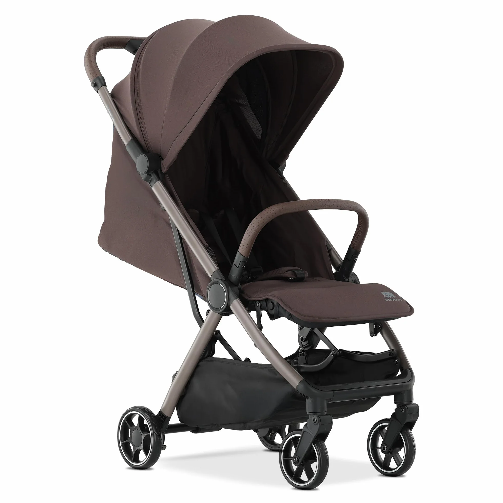 Deryan AIR Travel Buggy dla dzieci od urodzenia do 22 kg, 0-4 lata, z funkcją leżenia, ultralekki 8 kg, składany jedną ręką, UPF 50+, kosz do 5 kg (czekoladowy)