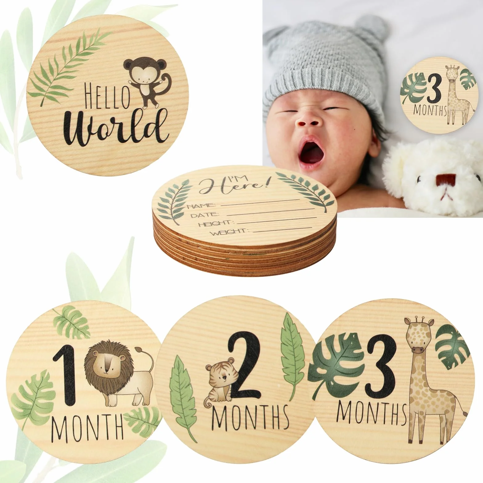 7szt Baby Miesieczny Znak Milowy, Okragly Drewniany Noworodek Znak Powitalny Znak Ogloszenia Dziecka do Zdjecia Rekwizytu Znaki Ogloszenia Narodzin Dziecka Druk dwustronny