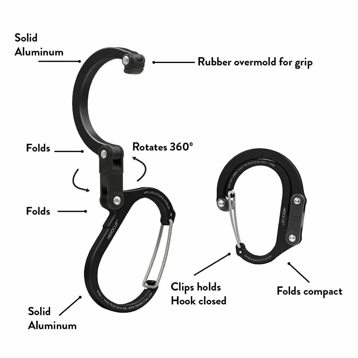 HEROCLIP Mini - Carabiner Clip And Hook, Bag, Purse, Backpack Hanger, Baby Pushchair Hook, Keyring Carabiner And Multifunction For Camping, Fishing, Hiking Or Travel, Hang Anything, Anywhere