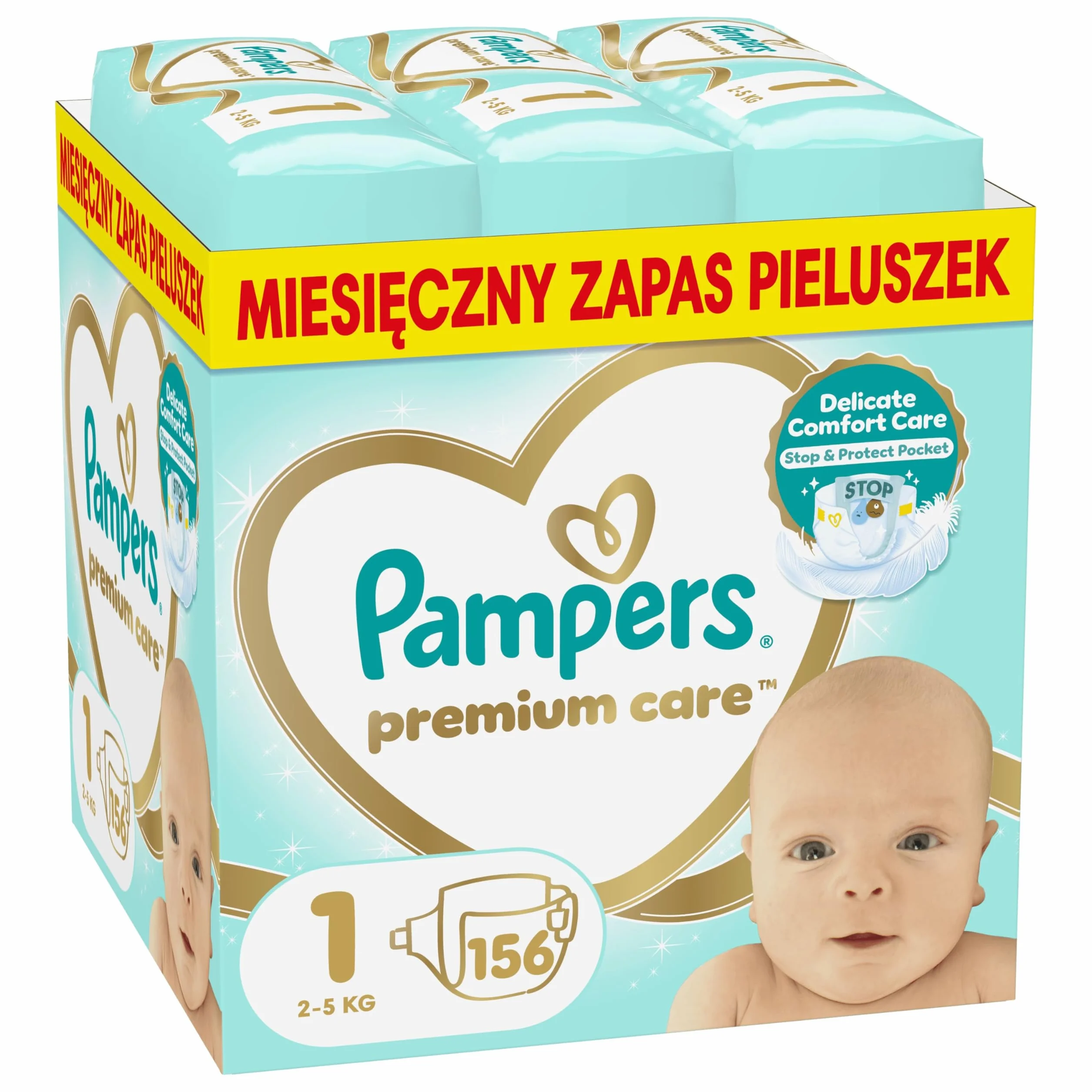 Pampers Premium Care rozmiar 1, 156 pieluszki, 2kg-5kg, podwójna ochrona: skóry i przed przeciekaniem