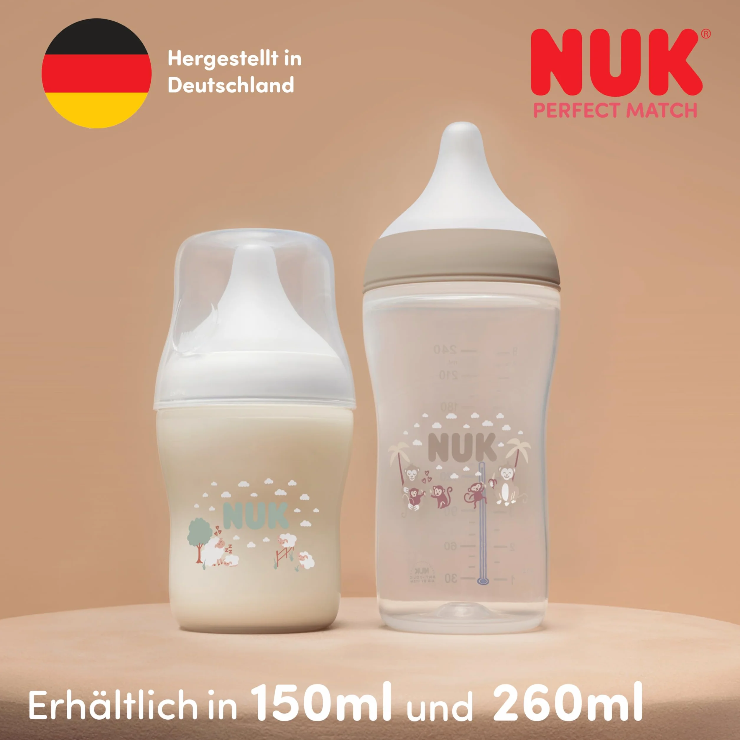 NUK Perfect Match Butelka dla niemowląt | 0+ miesięcy | 150 ml | Butelka przeciwkolkowa | PP | Wskaźnik kontroli temperatury | Małpka | 1 sztuka