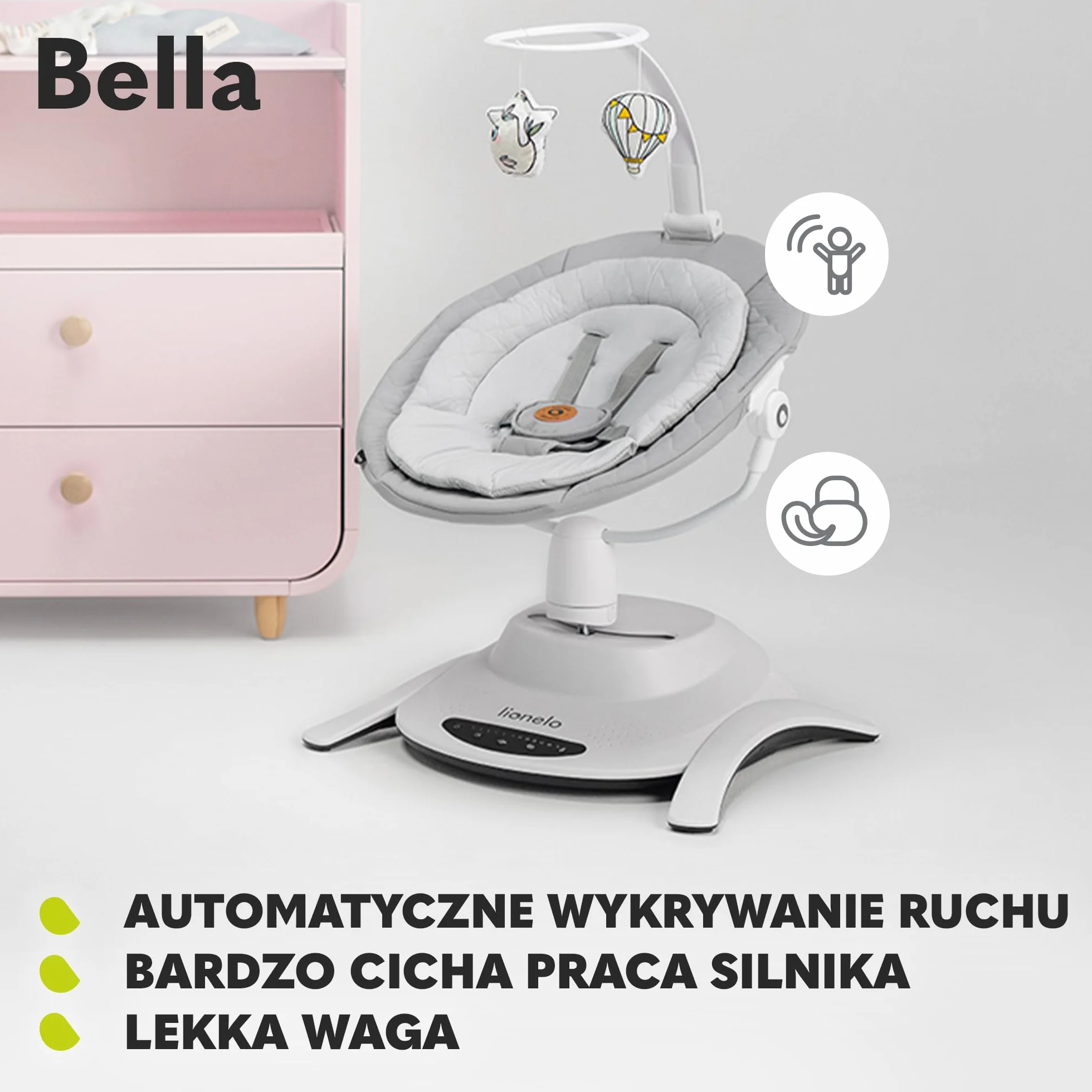 LIONELO Bella Elektryczny Obrotowy Bujaczek 360 dla Niemowląt do 9 kg Regulacja Oparcia, 5 Prędkości Bujania Pasy Bezpieczeństwa Wykrywanie Ruchu Antypoślizgowy, 12 Melodii Pilot