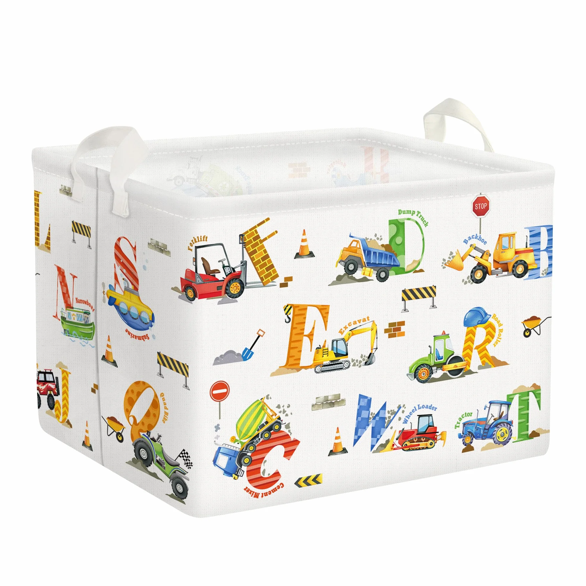 Clastyle 36 l, duża litera, pojazd budowlany, koparka, kosz do przechowywania z uchwytem, biały, prostokątny, zabawka, pudełko do przechowywania ubrań, do pokoju dziecięcego, łazienki