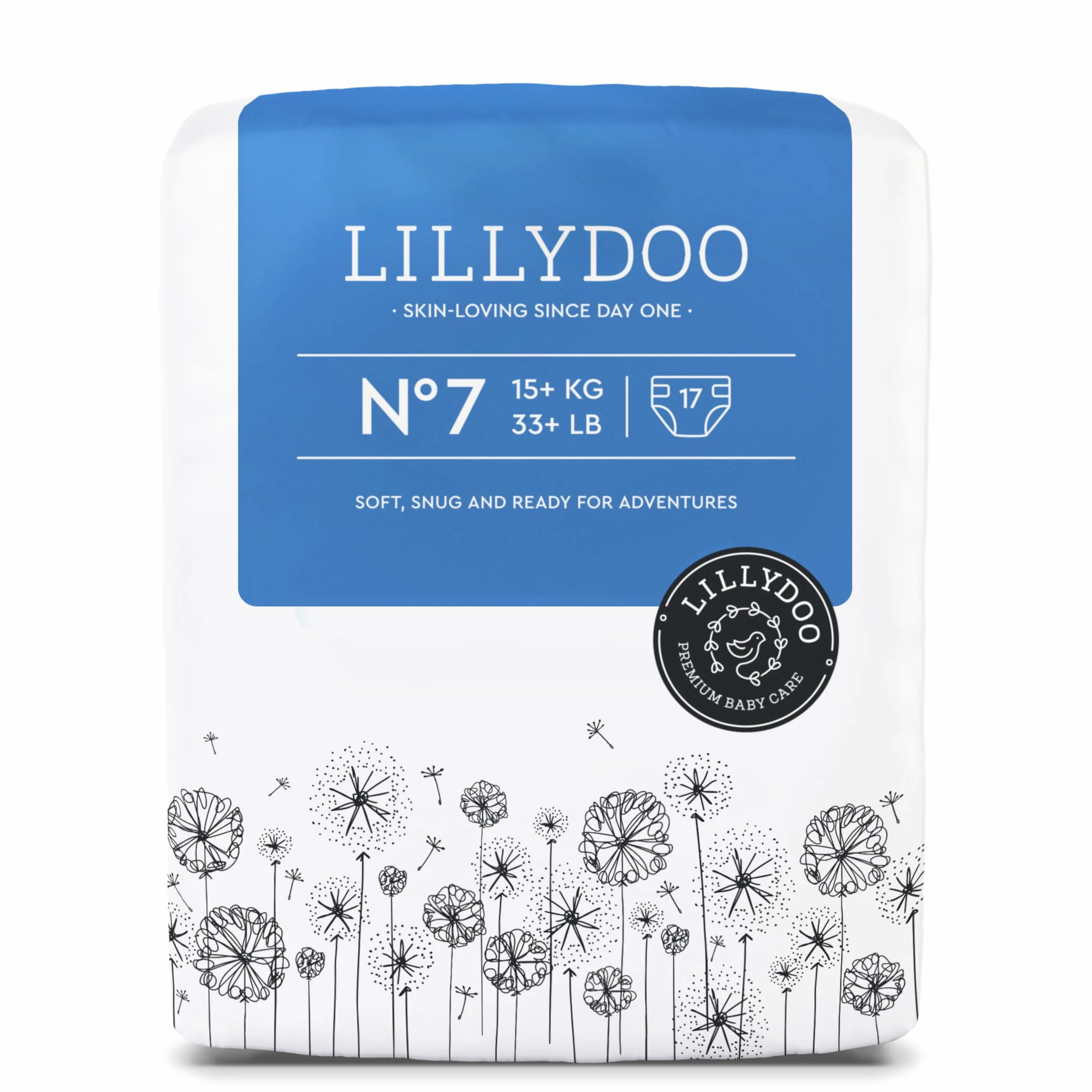 LILLYDOO Przyjazne dla skóry pieluchy dla niemowląt – rozmiar 7 (15+ kg), 17 sztuk, bezpieczna ochrona przed wyciekiem, miękkie, bez perfum, bez balsamów i barwników, do skóry wrażliwej, testowane