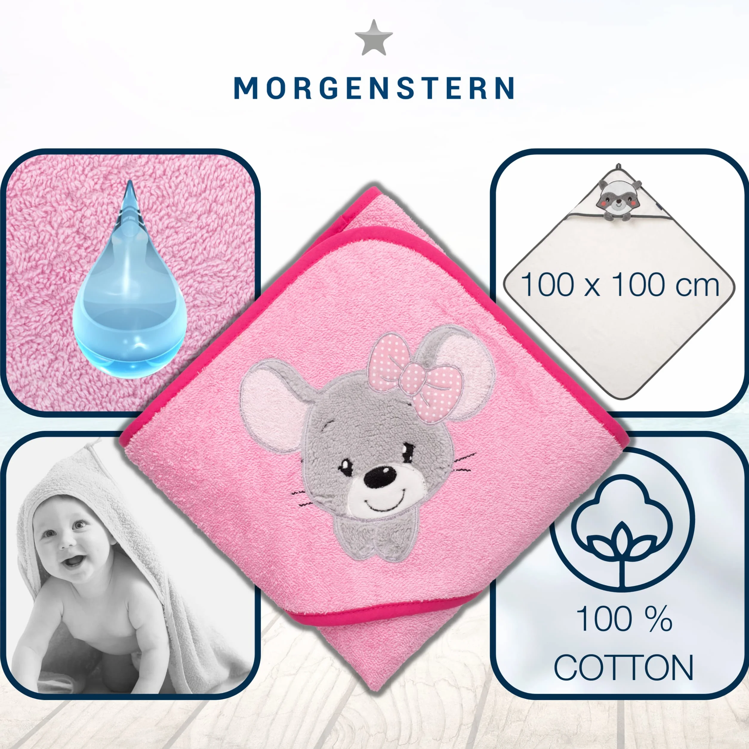 Morgenstern Ręcznik z kapturem dla dzieci, 100 x 100 cm, dla dziewcząt i chłopców, 100% bawełna, frotte, Öko-Tex®, ręcznik kąpielowy, mysz