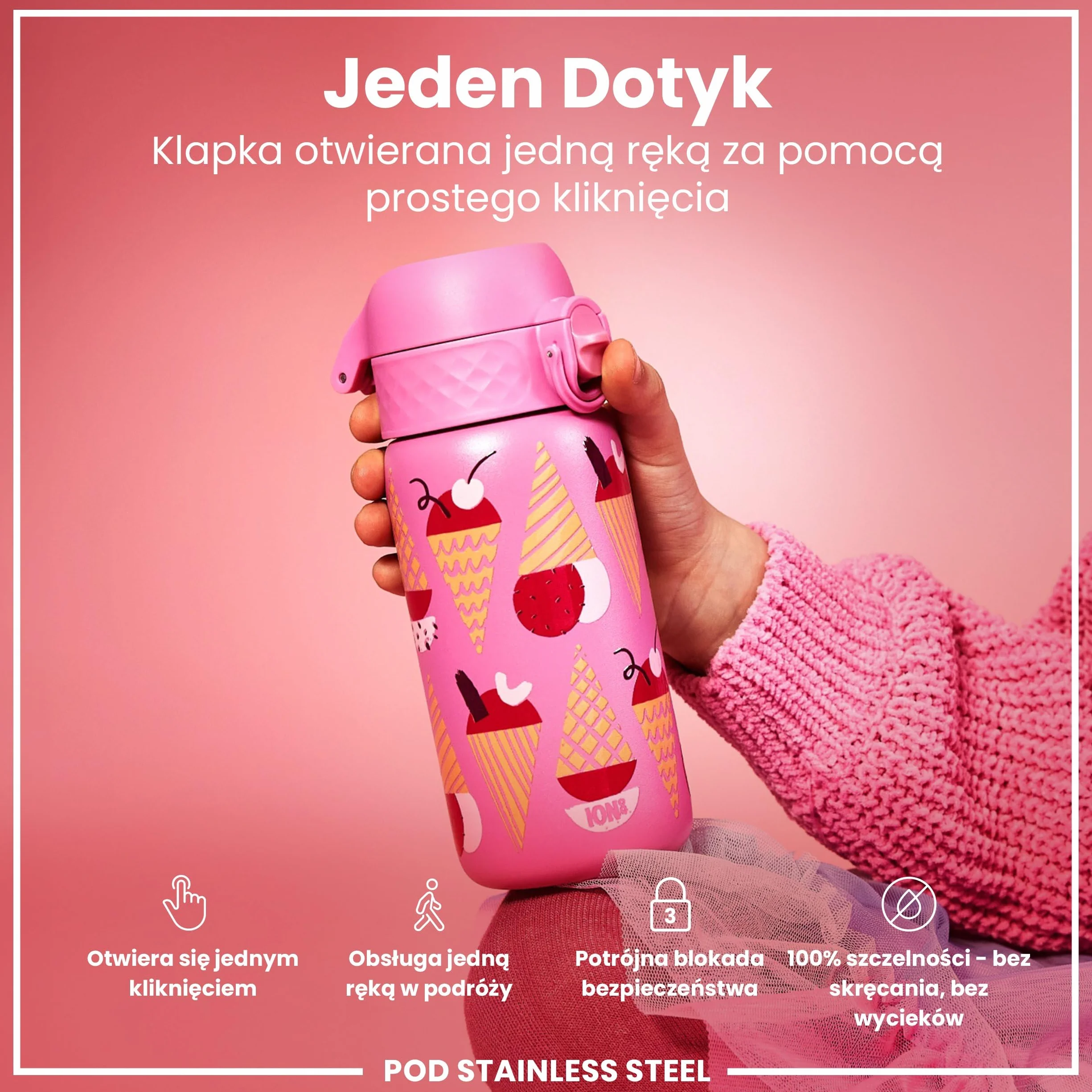ION8 Butelka na Wodę dla Dzieci ze Lekki Stali, 400 ml/13 oz, Nieocieplany, Szczelna, Łatwa do Otwarcia, Bezpieczny Zamek, Można Myć w Zmywarce, Składany Uchwyt, Łatwa w Czyszczeniu, Lody