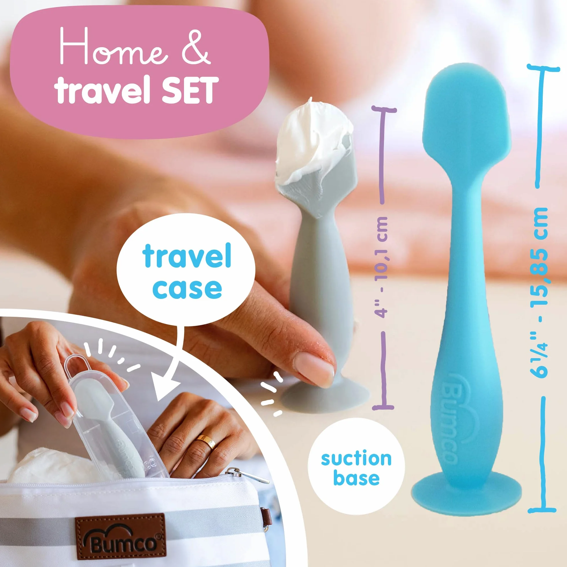 Bumco Baby Essentials dla noworodka – szczotka do pępka dla niemowląt oryginalny aplikator do wysypki na pieluchy, miękka elastyczna silikonowa szczotka, wyjątkowy prezent plus mini aplikator do wysypki z etui podróżnym, niebieski i szary