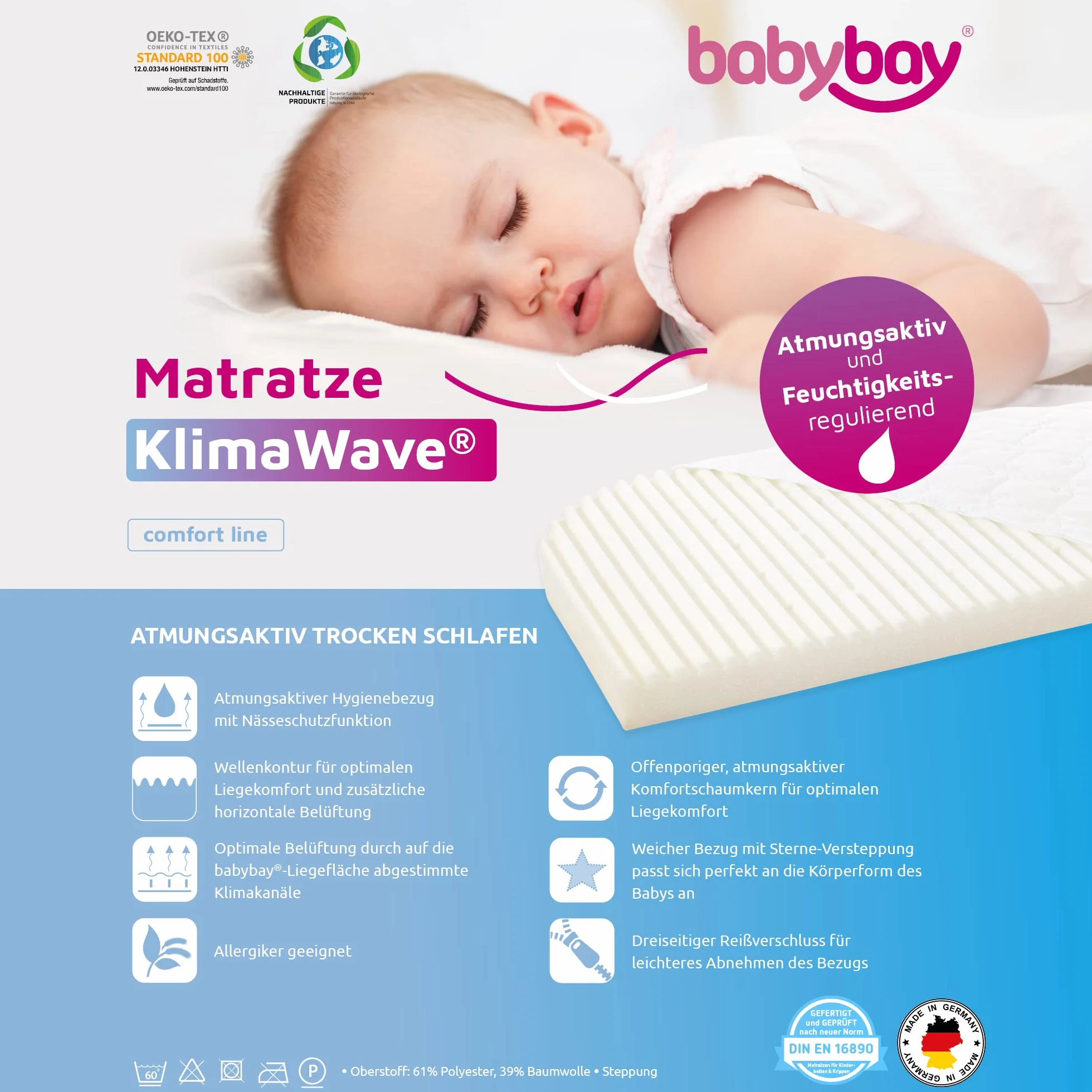 babybay Materac Dostawiany KlimaWave pasuje do modeli Maxi, Boxspring i Comfort Plus