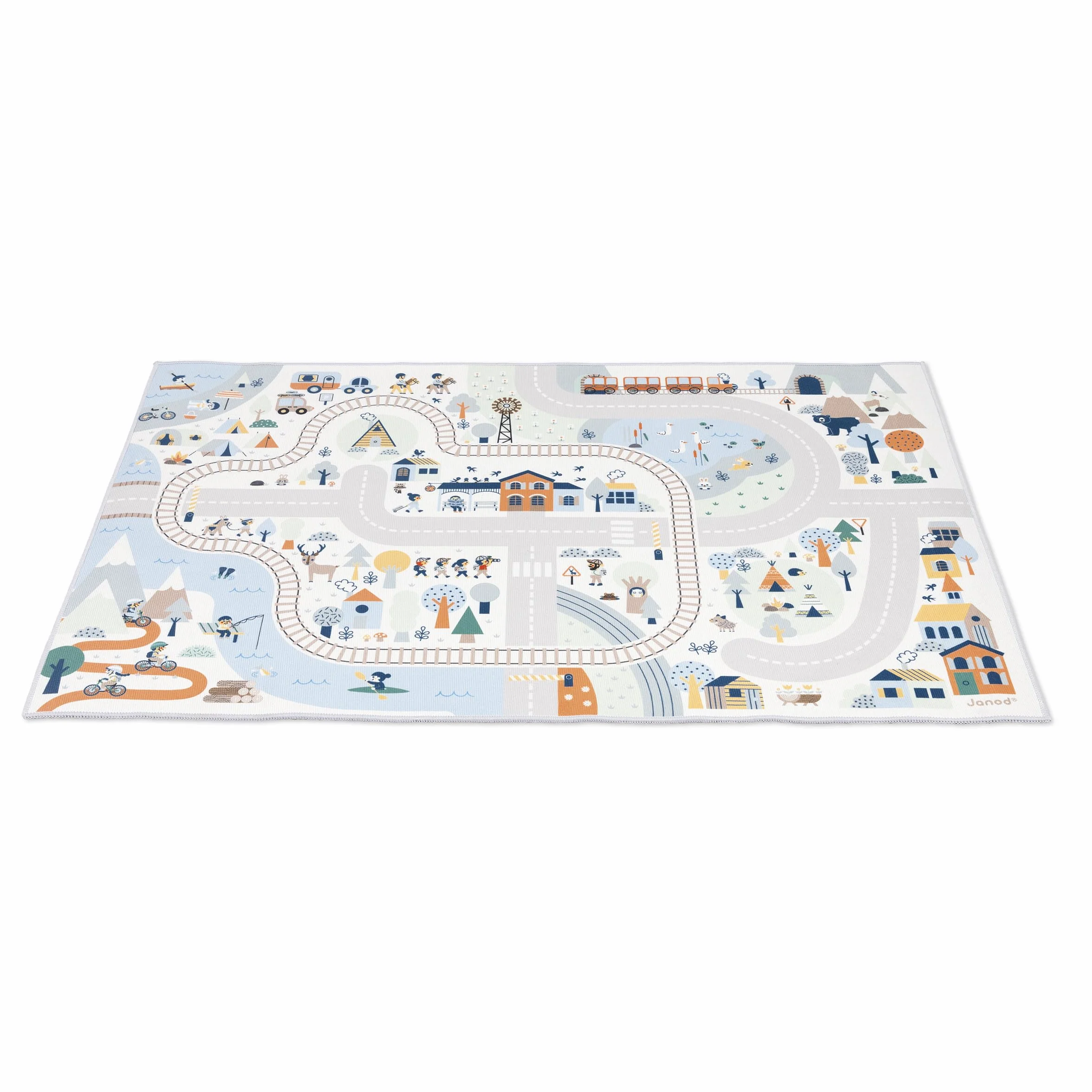 Janod Tapis Voiture Enfant - Thème Montagne Hiver - Doux & Antidérapant - Motyw Sport & Vallée - Tapis de Jeux Chambre Fille & Garçon - 120 x 78 cm - Lavable à la main - A partir de 2 ans - J05940
