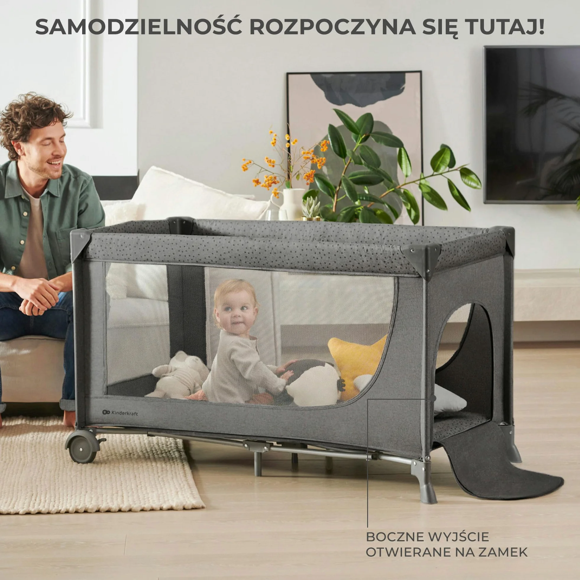 Kinderkraft JOY ACC 2 Łóżeczko turystyczne 3 w 1, Boczne wejście, Szybkie składanie i rozkładanie, Zabezpieczenie przed złożeniem, Kółka i torba ułatwiające transport, Pałąk z zabawkami, Beżowy