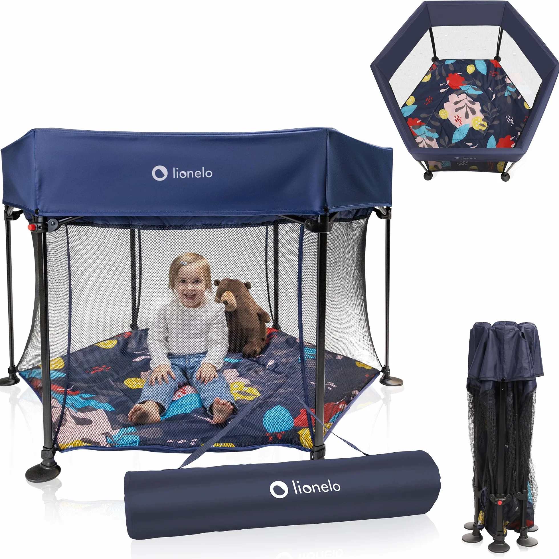 LIONELO Roel kojec dla dzieci do 15 kg, duży format 118 x 118 x 83 cm, sześciokątny kształt, LockGuard, zapięcie składane, wzmocniona podstawa, antypoślizgowe stopki, torba ochronna