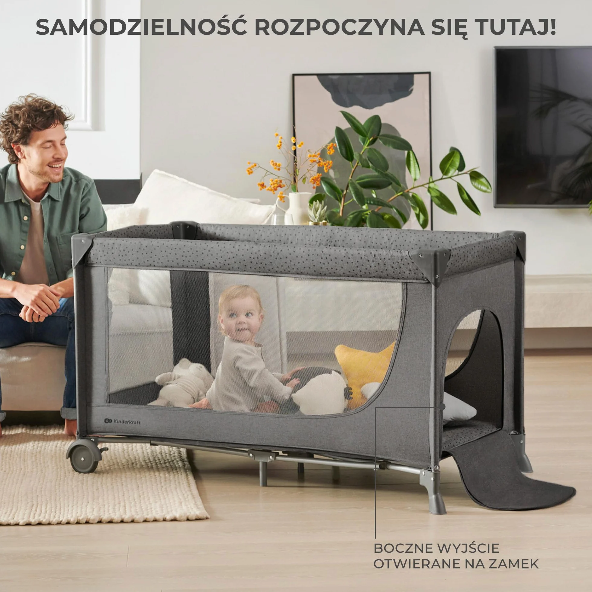Kinderkraft JOY 2 Łóżeczko turystyczne 2 w 1, Boczne wejście, Szybkie składanie i rozkładanie, Zabezpieczenie przed złożeniem, Kółka i torba ułatwiające transport, Szary