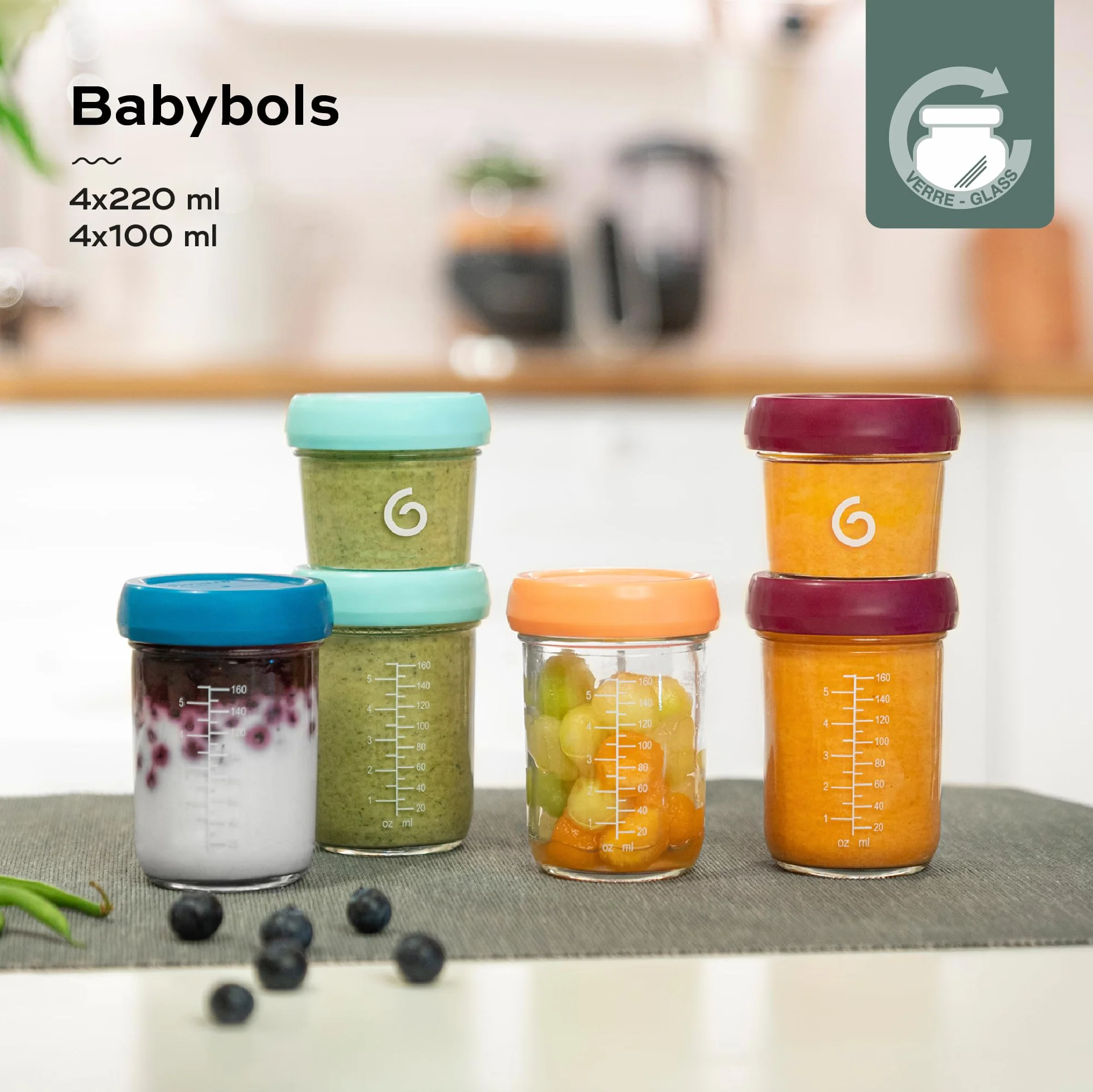 Babymoov Szklane Babybols, 4 x 100 ml + 4 x 220 ml pojemniki do przechowywania żywności dla niemowląt – pokrywki wielokrotnego użytku