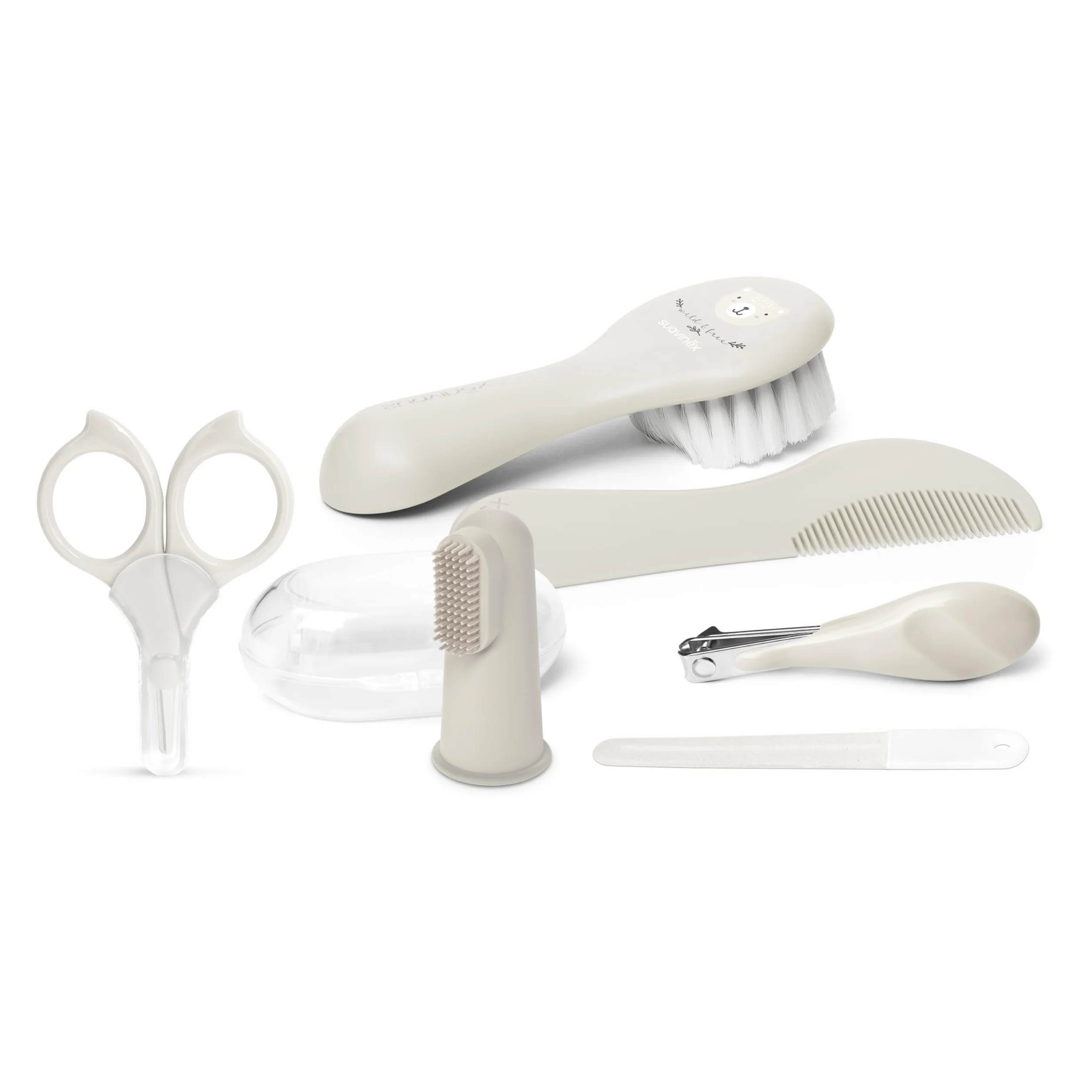 Suavinex, Zestaw do pielęgnacji niemowląt, kompletny i przenośny zestaw do manicure, zawiera: szczotkę i grzebień + szczoteczkę do zębów + nożyczki + pilnik + obcinacz do paznokci, 6-częściowy, szary