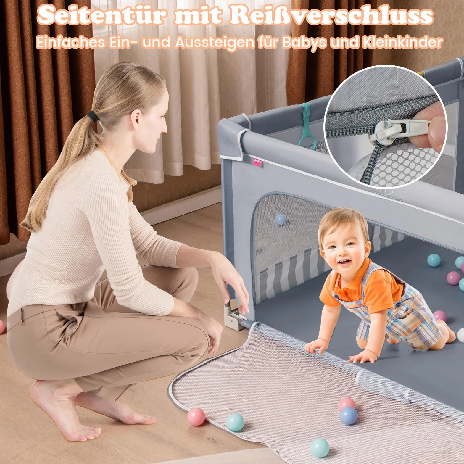 COSTWAY Kojec dla niemowląt, 150 x 150 cm, składany, kojec dla dzieci z 50 piłkami, 4 uchwyty i bramka z zamkiem błyskawicznym, kratka do raczkowania z oddychającą siatką i torbą do przenoszenia