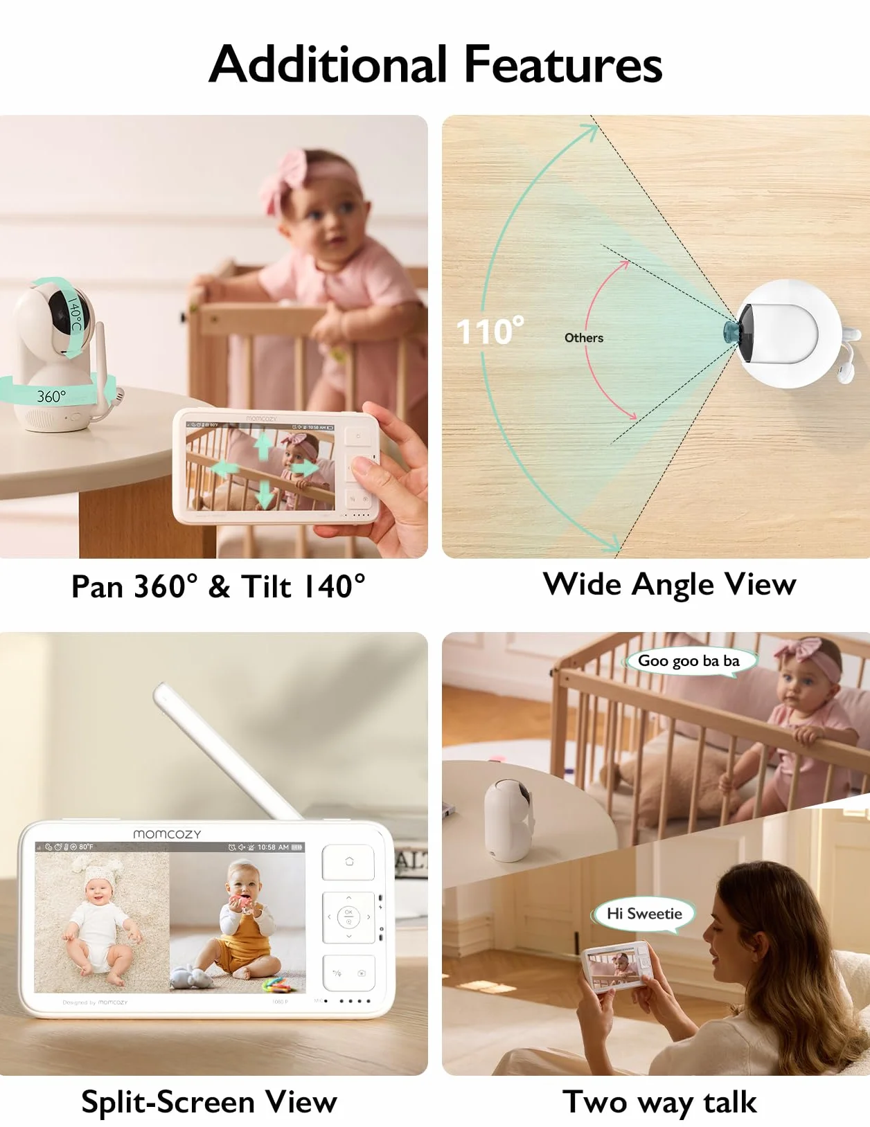 momcozy BM03 Video niania elektroniczna, 5,5 cala 1080p FHD niania z kamerą bez Wi-Fi, noktowizor na podczerwień, VOX, 2-drożne audio, zasięg 500 m, lokalne nagrywanie