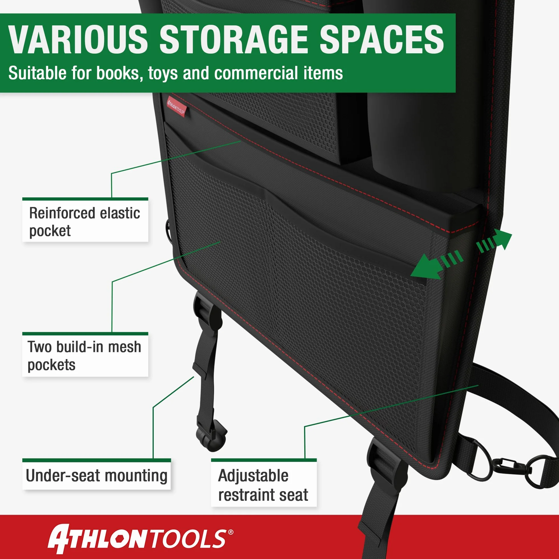ATHLON TOOLS Najstabilniejszy organizer na fotel samochodowy z uchwytem na tablet, wzmocniony tył, bezpieczny dla żywności, z dodatkowym piórnikiem, biznesowy / dla dzieci, zaprojektowany w Hamburgu