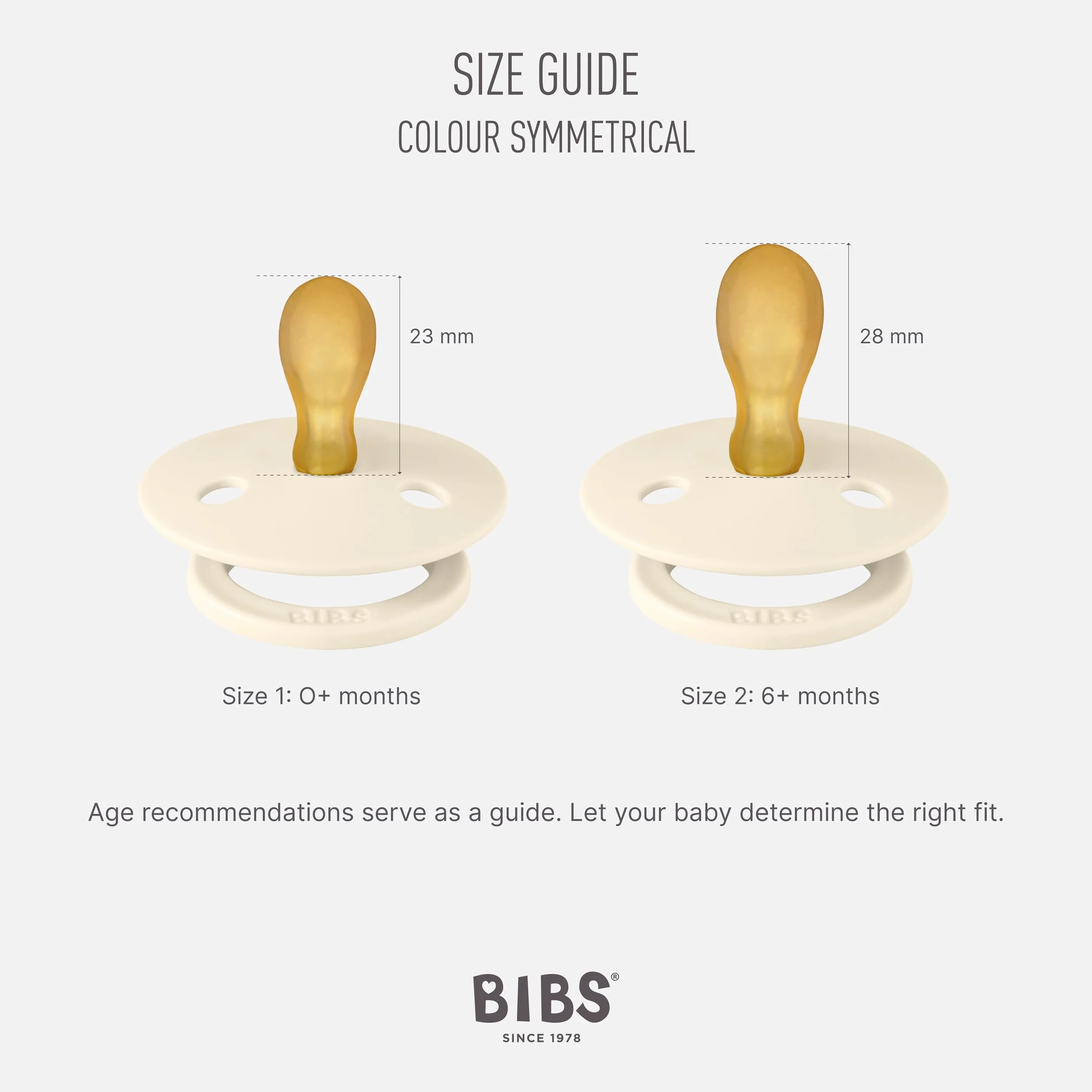Smoczek BIBS z serii Colour, 2-pak, nie zawiera BPA, Symetryczny kształt gumowej główki. Lateks z kauczuku naturalnego, Wyprodukowano w Danii/EU. Rozmiar 2 (6-18 miesięcy), Sand/Iron