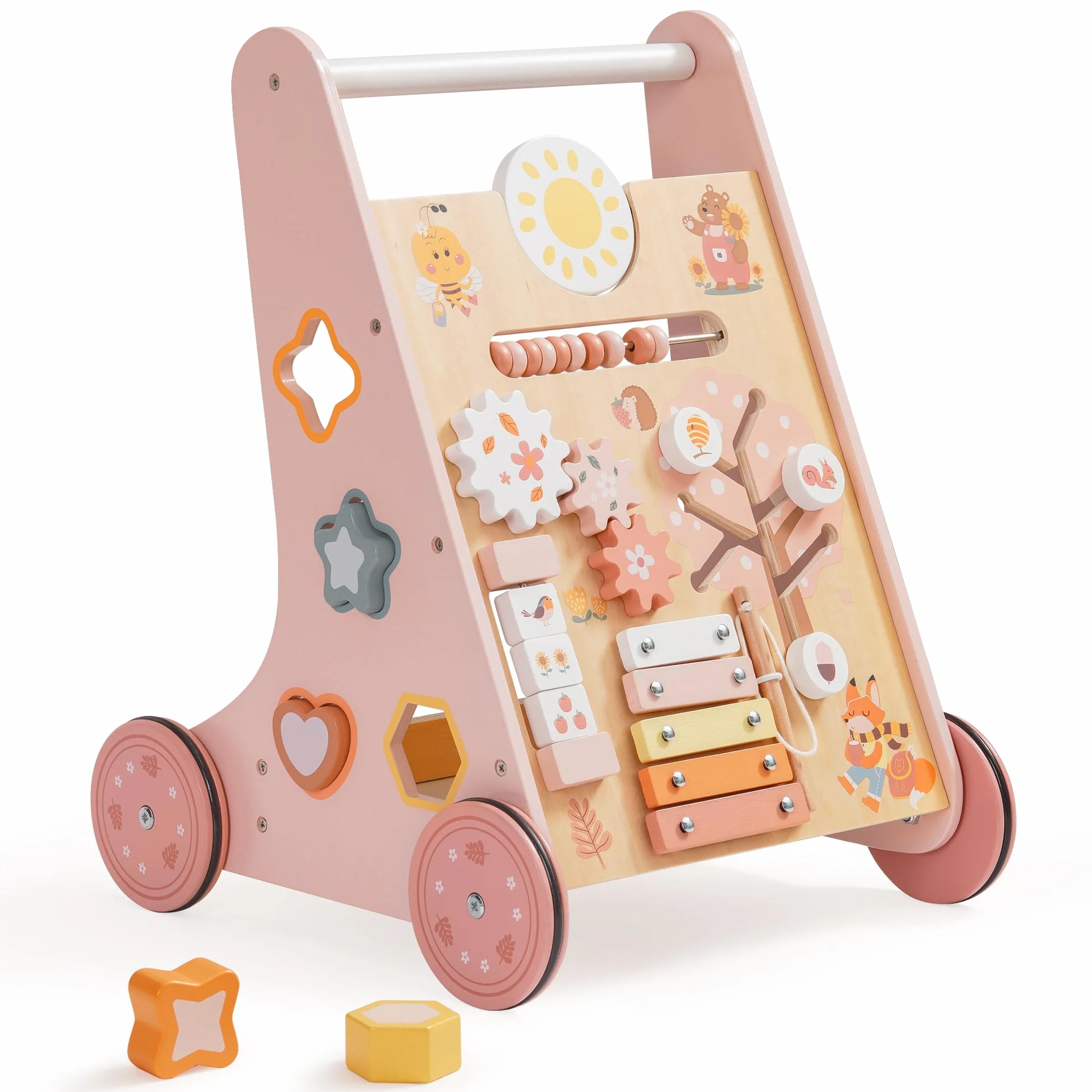 ROBUD Drewniany wózek do nauki chodzenia, Baby Walker, rozwój poznawczy, różowy
