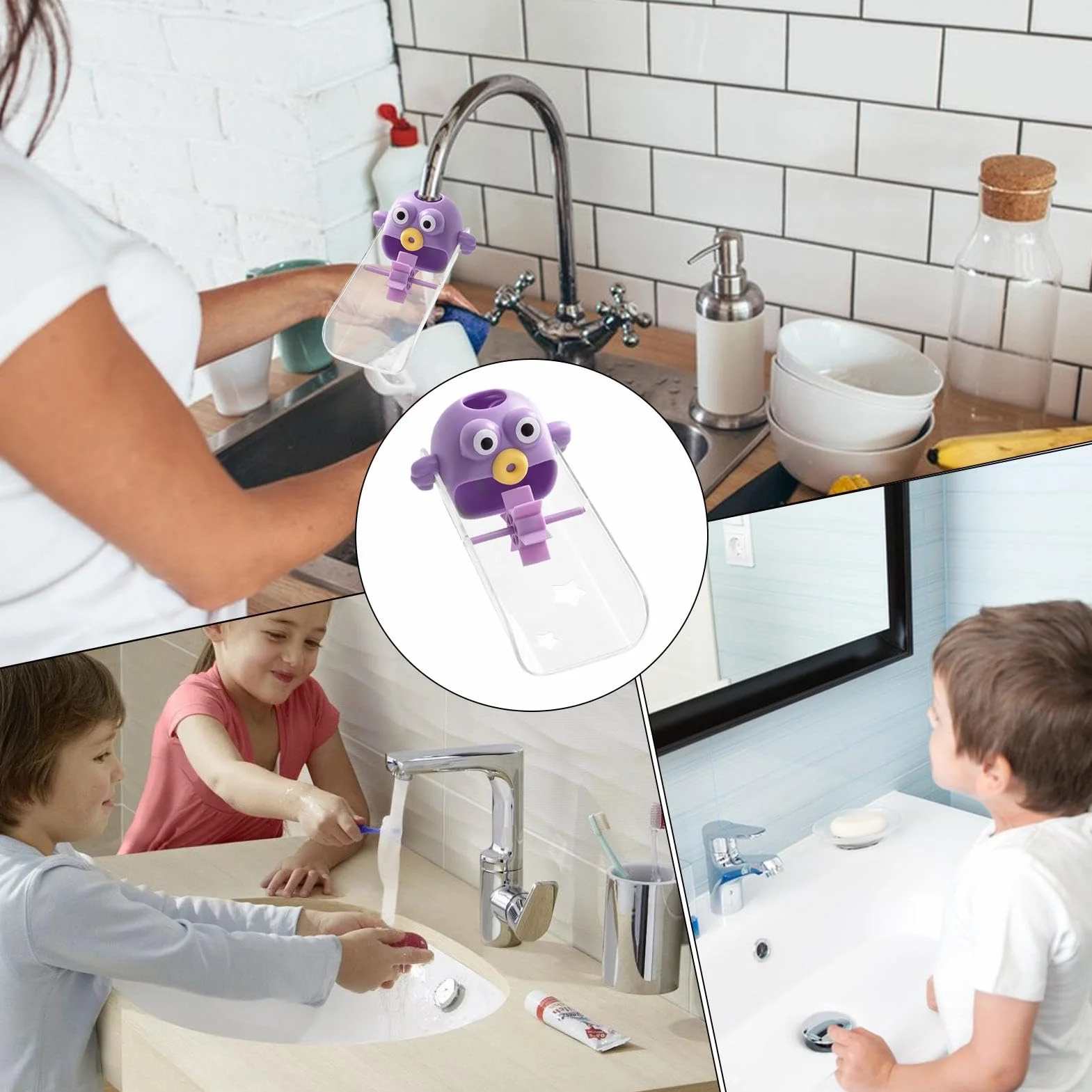 Cartoon Faucet Extension, Toddler Bath Tub Extender, 3.07x2.44x5.7 Inches Purple Orange Secure Compact Portable Tap Adapter, Decorative Sturdy Design Bathroom and Kitchen Use