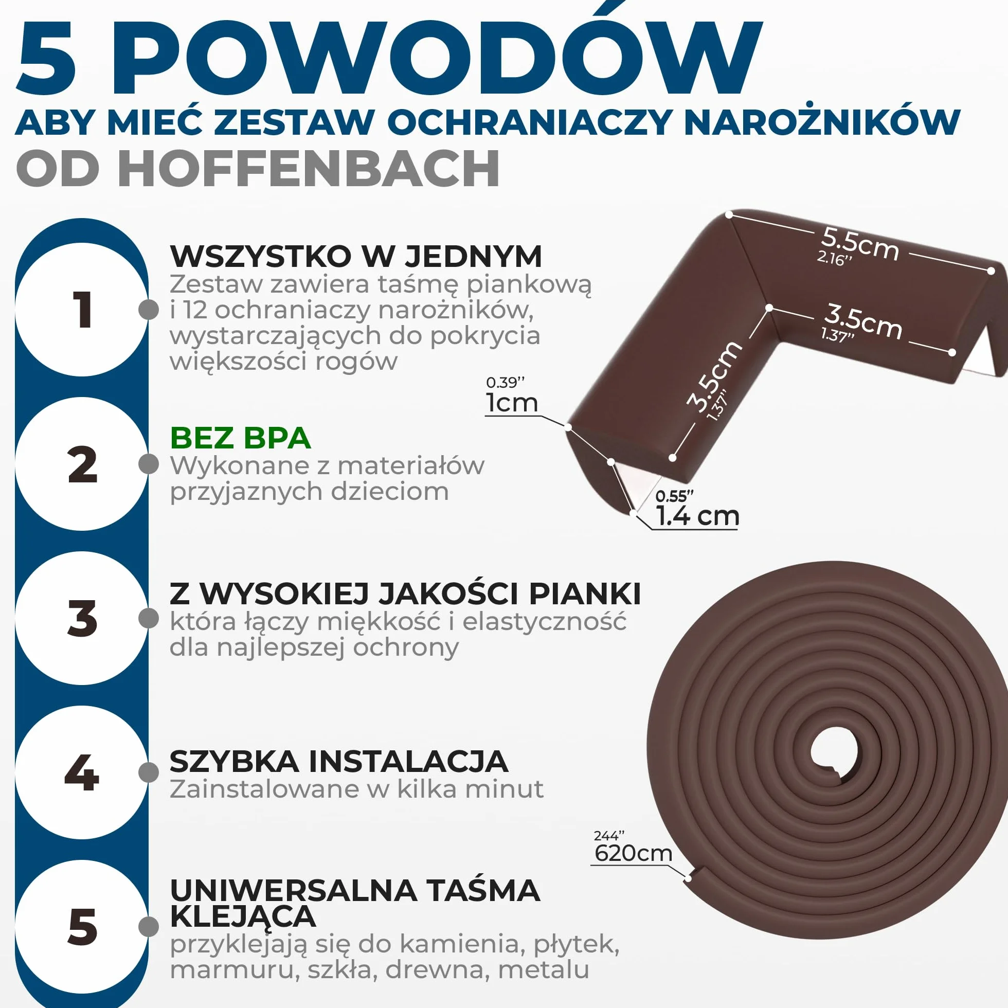 Hoffenbach Piankowe Osłony na Narożniki dla Niemowląt – 6,2 m Ochraniacz na Krawędzie Stołu & 12x Samoprzylepne Osłony na Narożniki – Zabezpieczenie dla Dzieci, Stołów i Parapetów – Czekoladowobrązowy