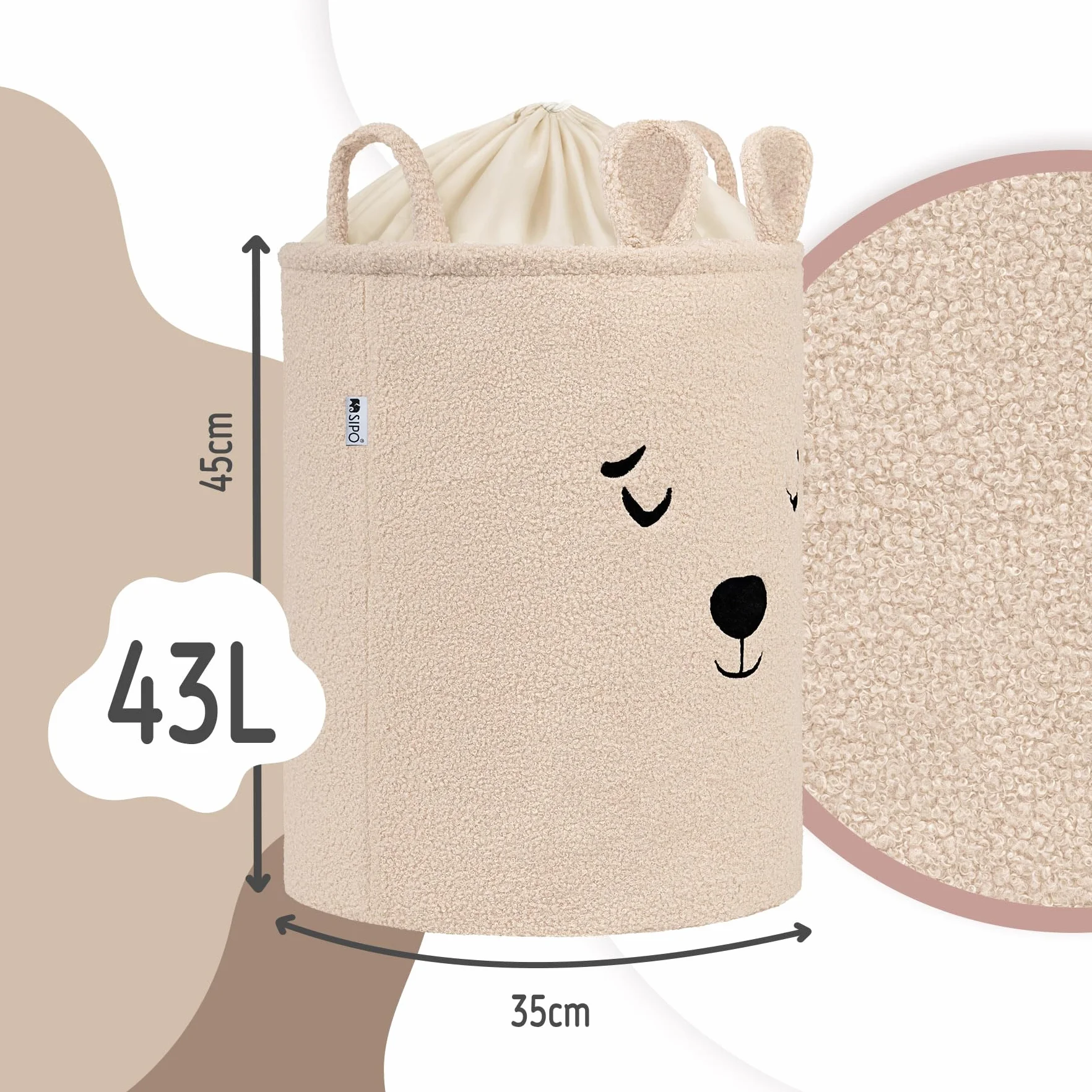 SIPO Organizer Do Przechowywania Zabawek XL Pojemny Kosz na Zabawki Motyw Zwierzęcy Beżowy Miś Dla Dzieci Do Pokoju Dziecięcego Premium Boucle Pluszowy Zamykany Ściągaczem 43L