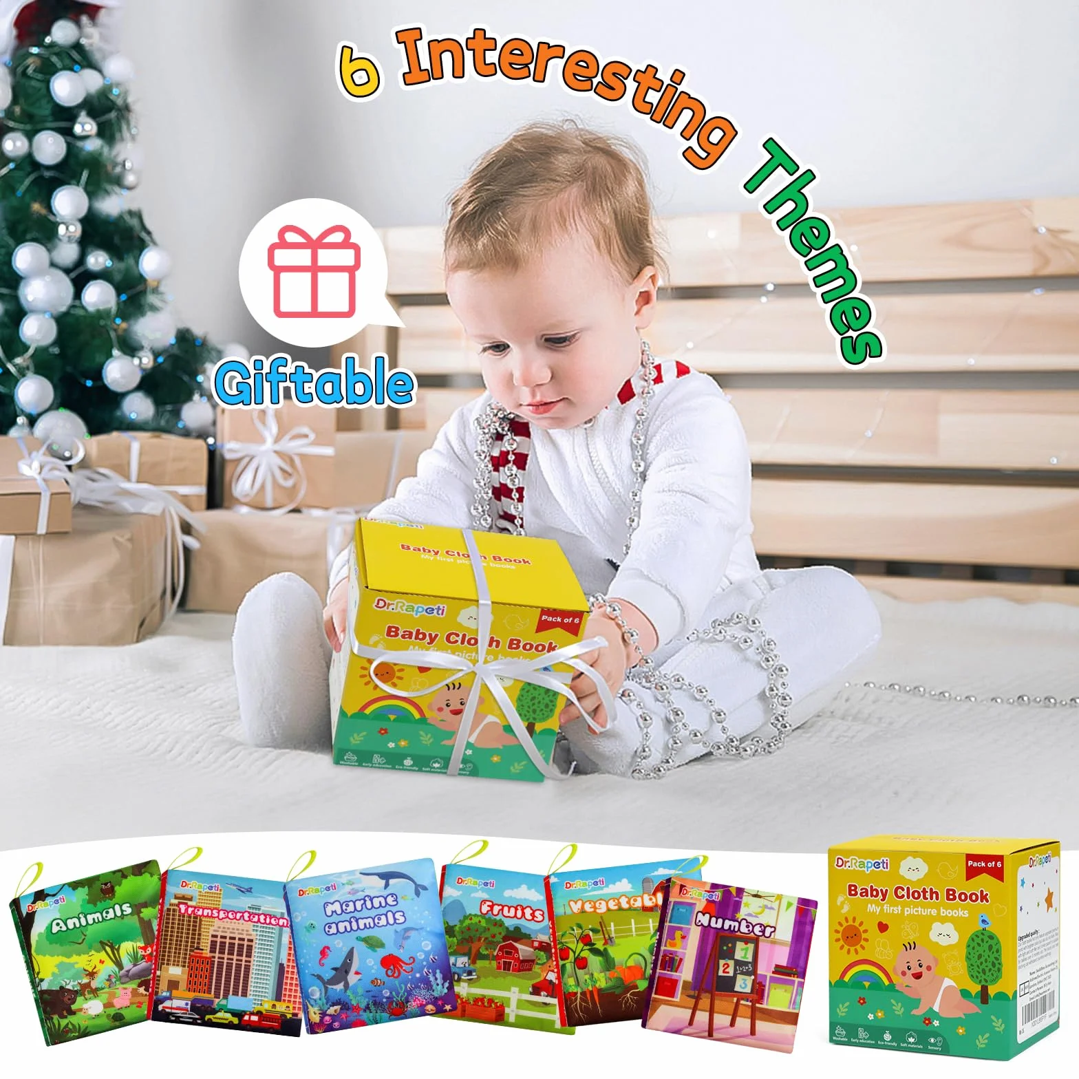 Dr.Rapeti 6 Pack Soft Books - Baby Sensory, Bath, Crinkle Books - Washable, Nontoxic Educational Learning Toy for Infant Toddler Kids